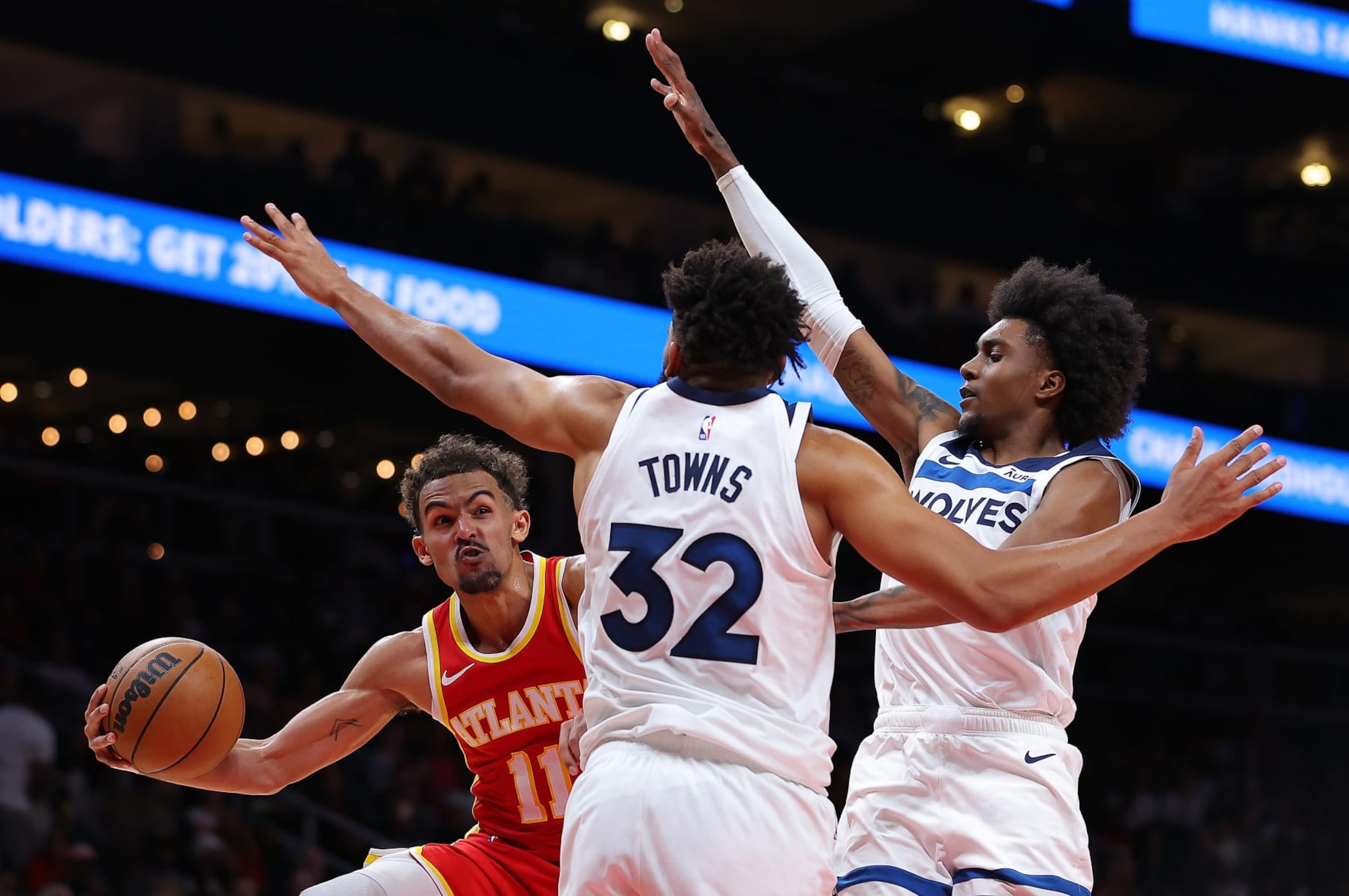 Trae Young, Karl-Anthony Towns and Jaden McDaniels