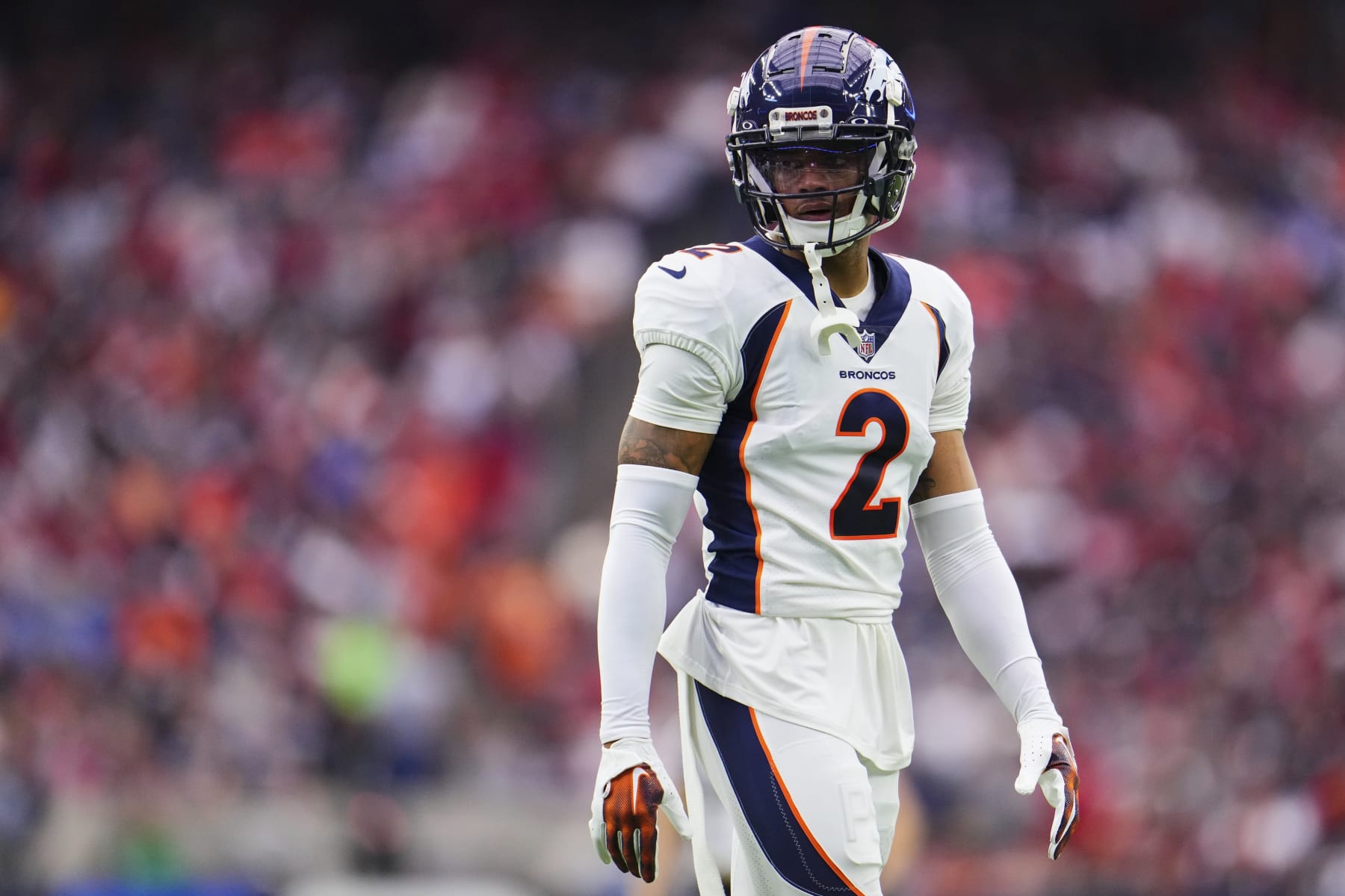 HOUSTON, TX - DECEMBER 03: Pat Surtain II #2 of the Denver Broncos looks towards the sideline against the Houston Texans during the first half at NRG Stadium on December 3, 2023 in Houston, Texas. (Photo by Cooper Neill/Getty Images)