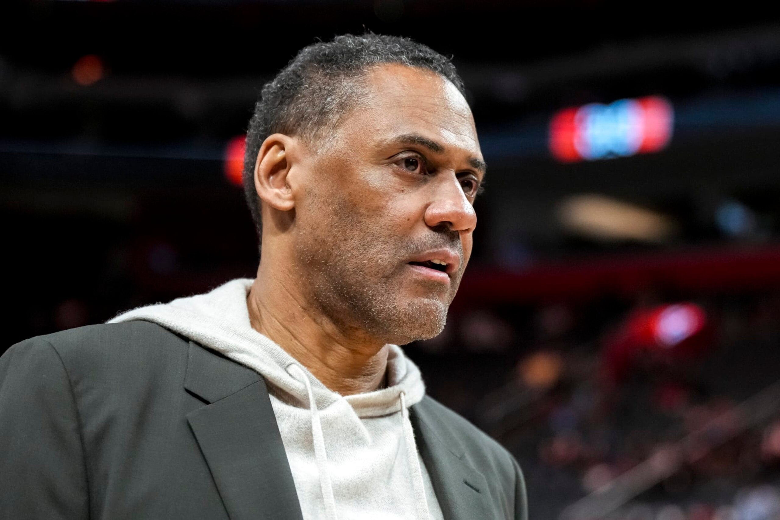 DETROIT, MICHIGAN - APRIL 01: General Manager Troy Weaver of the Detroit Pistons looks on before the game against the Memphis Grizzlies at Little Caesars Arena on April 01, 2024 in Detroit, Michigan. NOTE TO USER: User expressly acknowledges and agrees that, by downloading and or using this photograph, User is consenting to the terms and conditions of the Getty Images License Agreement. (Photo by Nic Antaya/Getty Images)