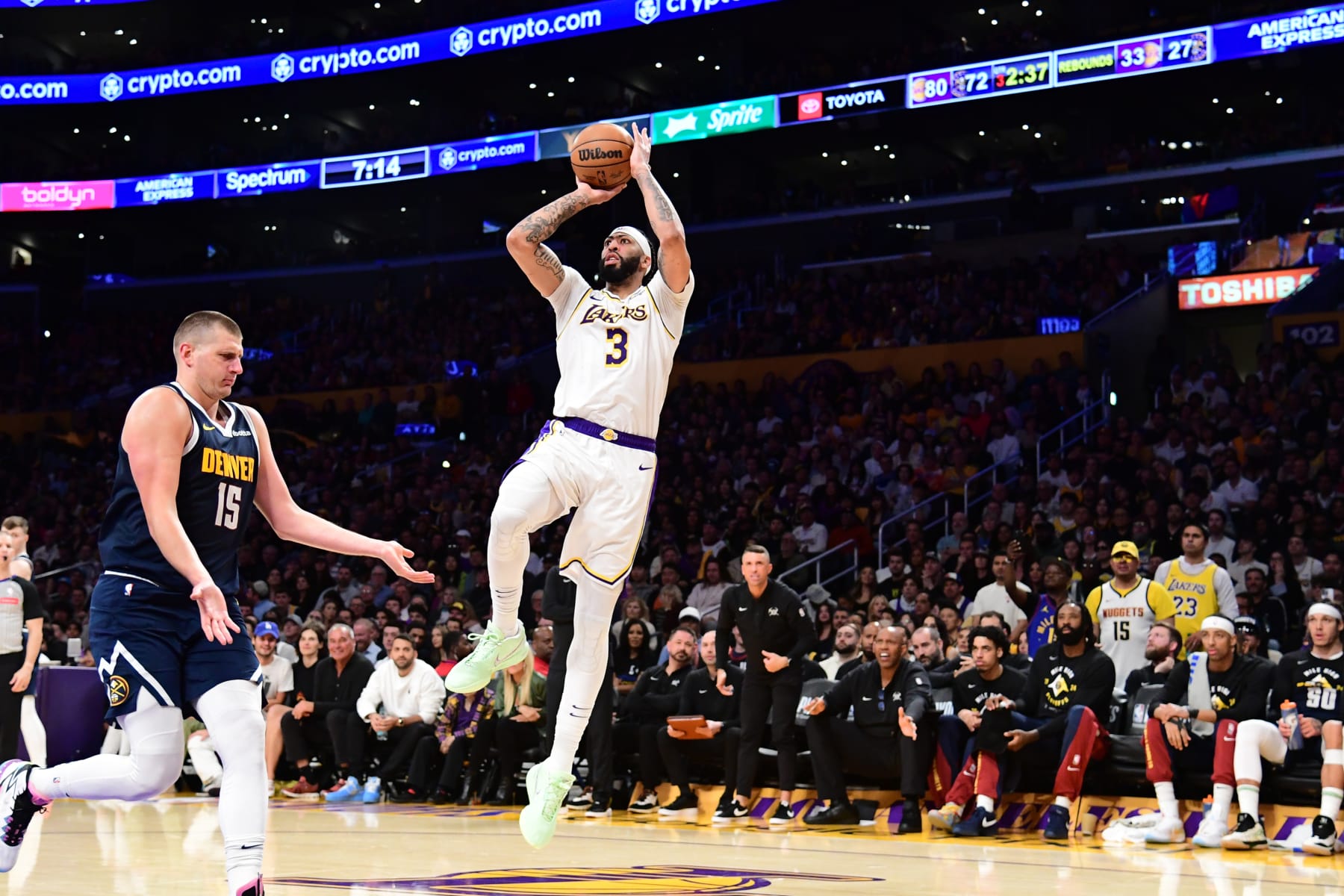 LOS ANGELES, CA - APRIL 27: Anthony Davis #3 of the Los Angeles Lakers shoots the ball during the game against the Denver Nuggets during Round 1 Game 4 of the 2024 NBA Playoffs on April 27, 2024 at Crypto.Com Arena in Los Angeles, California. NOTE TO USER: User expressly acknowledges and agrees that, by downloading and/or using this Photograph, user is consenting to the terms and conditions of the Getty Images License Agreement. Mandatory Copyright Notice: Copyright 2024 NBAE (Photo by Adam Pantozzi/NBAE via Getty Images)