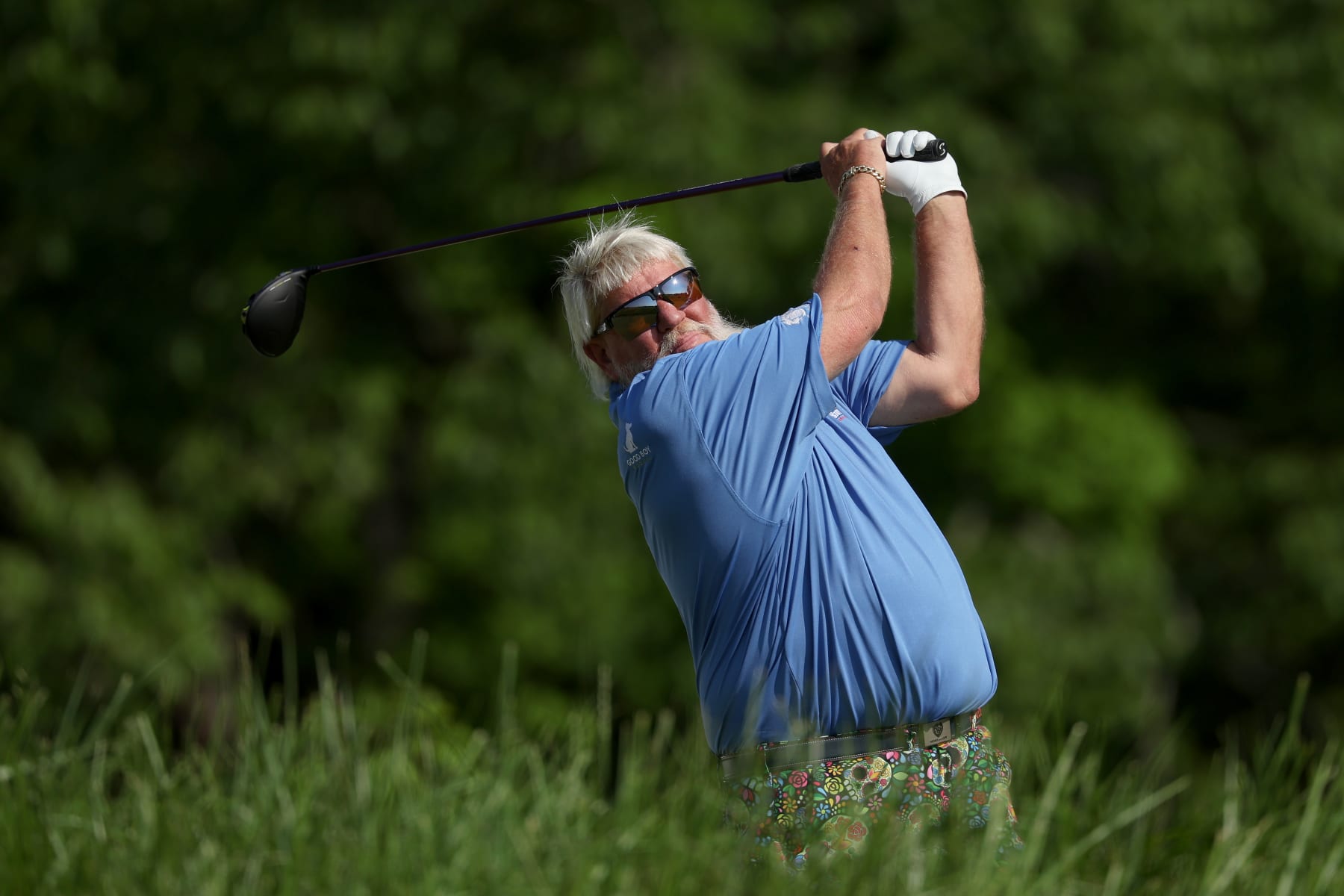 LOUISVILLE, KENTUCKY - MAY 16: John Daly of the United States plays his shot from the fourth tee during the first round of the 2024 PGA Championship at Valhalla Golf Club on May 16, 2024 in Louisville, Kentucky. (Photo by Patrick Smith/Getty Images)