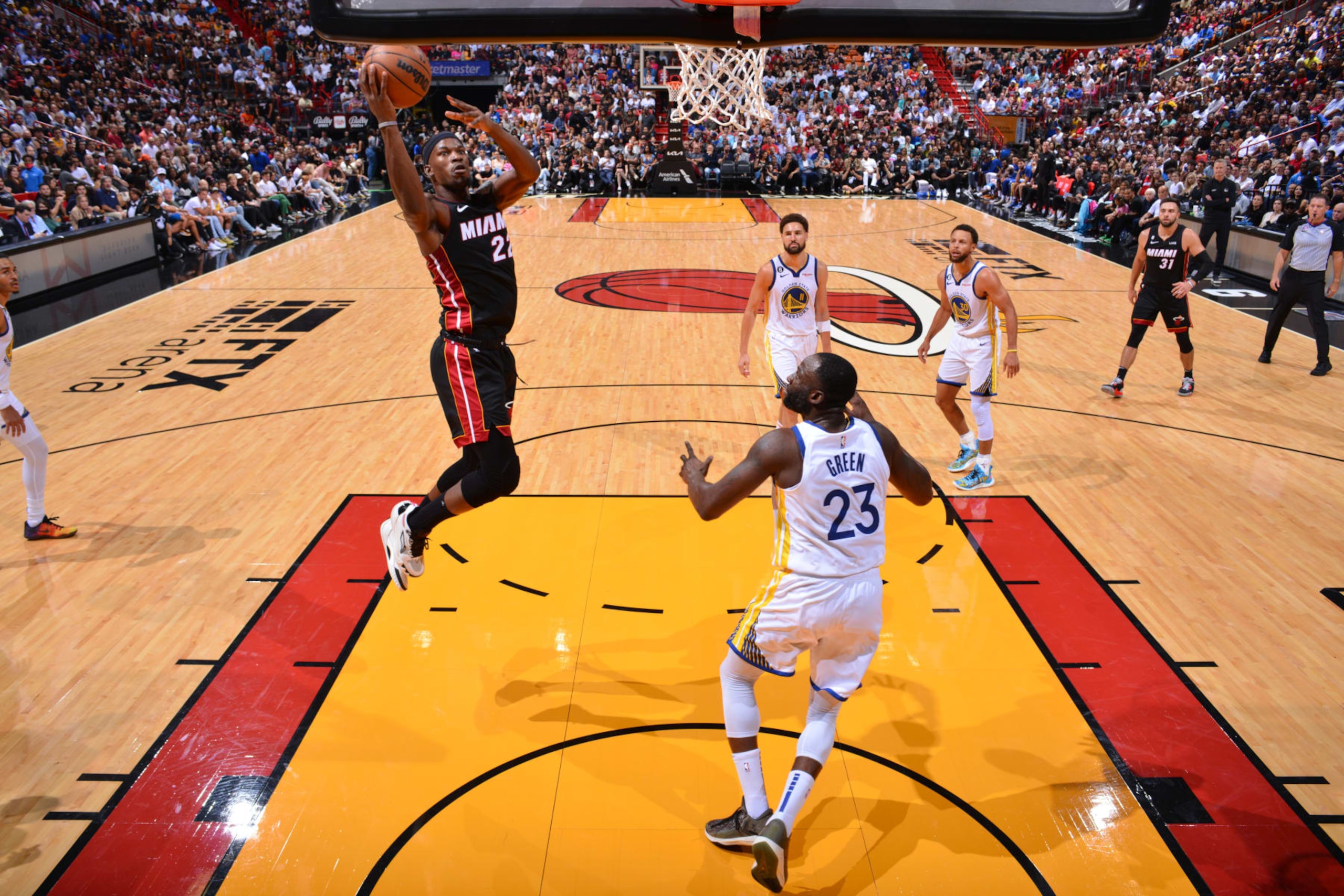 MIAMI, FL - NOVEMBER 1: Jimmy Butler #22 of the Miami Heat shoots the ball during the game against the Golden State Warriors on November 1, 2022 at FTX Arena in Miami, Florida. NOTE TO USER: User expressly acknowledges and agrees that, by downloading and or using this Photograph, user is consenting to the terms and conditions of the Getty Images License Agreement. Mandatory Copyright Notice: Copyright 2022 NBAE (Photo by Jesse D. Garrabrant/NBAE via Getty Images) MIAMI, FL - NOVEMBER 1: Jimmy Butler #22 of the Miami Heat shoots the ball during the game against the Golden State Warriors on November 1, 2022 at FTX Arena in Miami, Florida. NOTE TO USER: User expressly acknowledges and agrees that, by downloading and or using this Photograph, user is consenting to the terms and conditions of the Getty Images License Agreement. Mandatory Copyright Notice: Copyright 2022 NBAE (Photo by Jesse D. Garrabrant/NBAE via Getty Images)