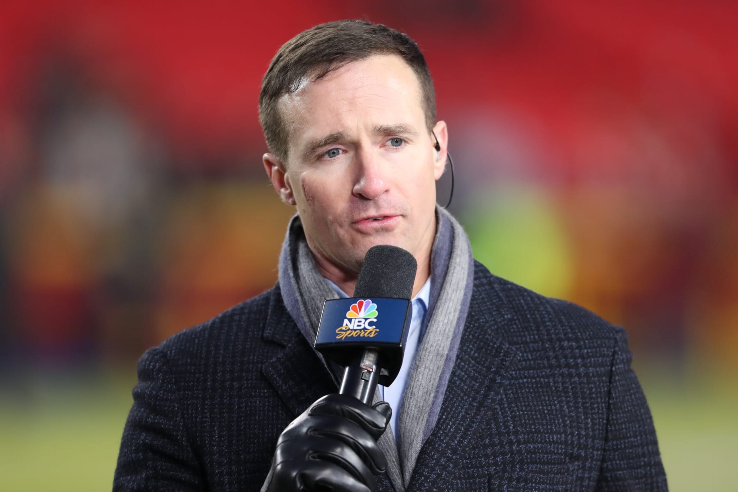 KANSAS CITY, MO - JANUARY 16: NBC Sports Drew Brees reports from the sidelines before an AFC wild card playoff game between the Pittsburgh Steelers and Kansas City Chiefs on Jan 16, 2022 at GEHA Field at Arrowhead Stadium in Kansas City, MO. (Photo by Scott Winters/Icon Sportswire via Getty Images) KANSAS CITY, MO - JANUARY 16: NBC Sports Drew Brees reports from the sidelines before an AFC wild card playoff game between the Pittsburgh Steelers and Kansas City Chiefs on Jan 16, 2022 at GEHA Field at Arrowhead Stadium in Kansas City, MO. (Photo by Scott Winters/Icon Sportswire via Getty Images)