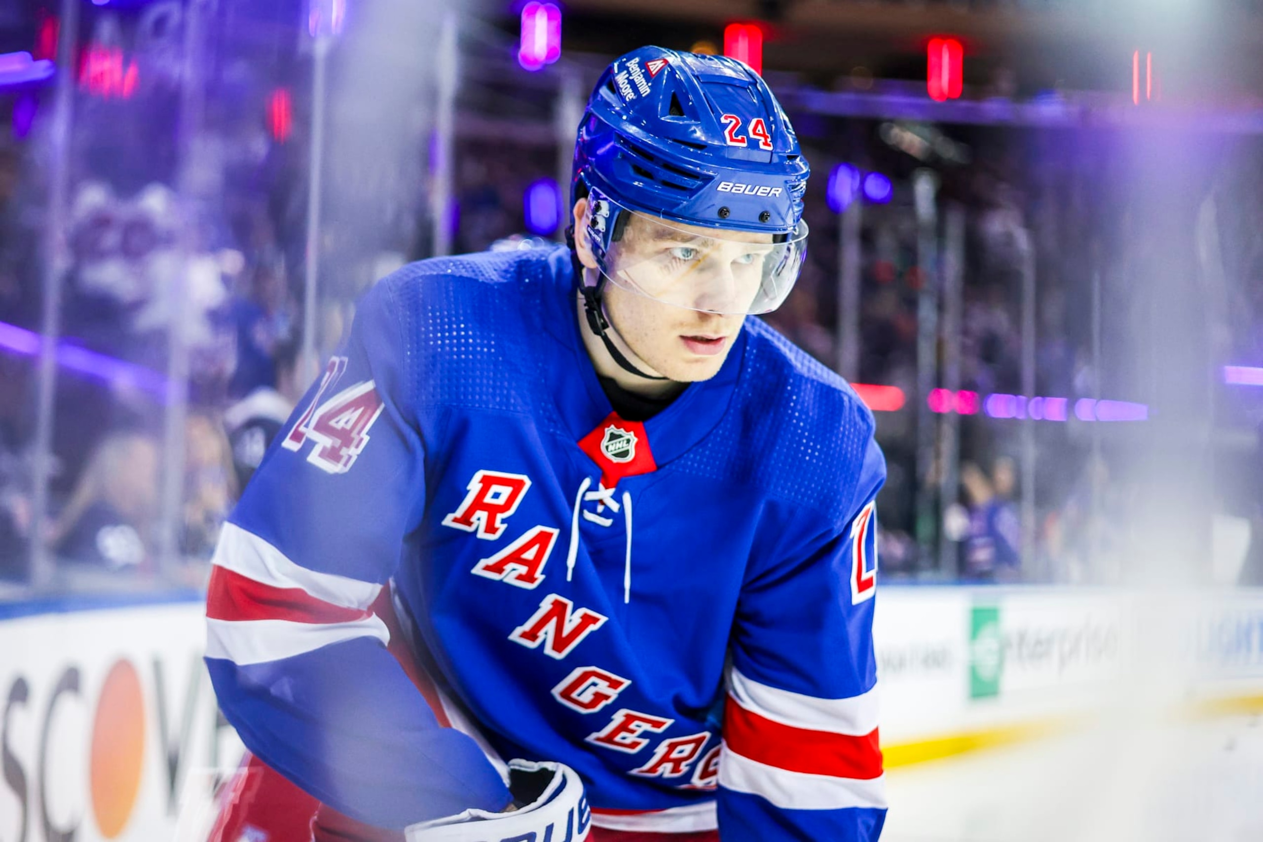 NEW YORK, NEW YORK - MAY 05: Kaapo Kakko #24 of the New York Rangers during warm-ups prior to the game against the Carolina Hurricanes in Game One of the Second Round of the 2024 Stanley Cup Playoffs at Madison Square Garden on May 5, 2024 in New York City. (Photo by Jared Silber/NHLI via Getty Images)
