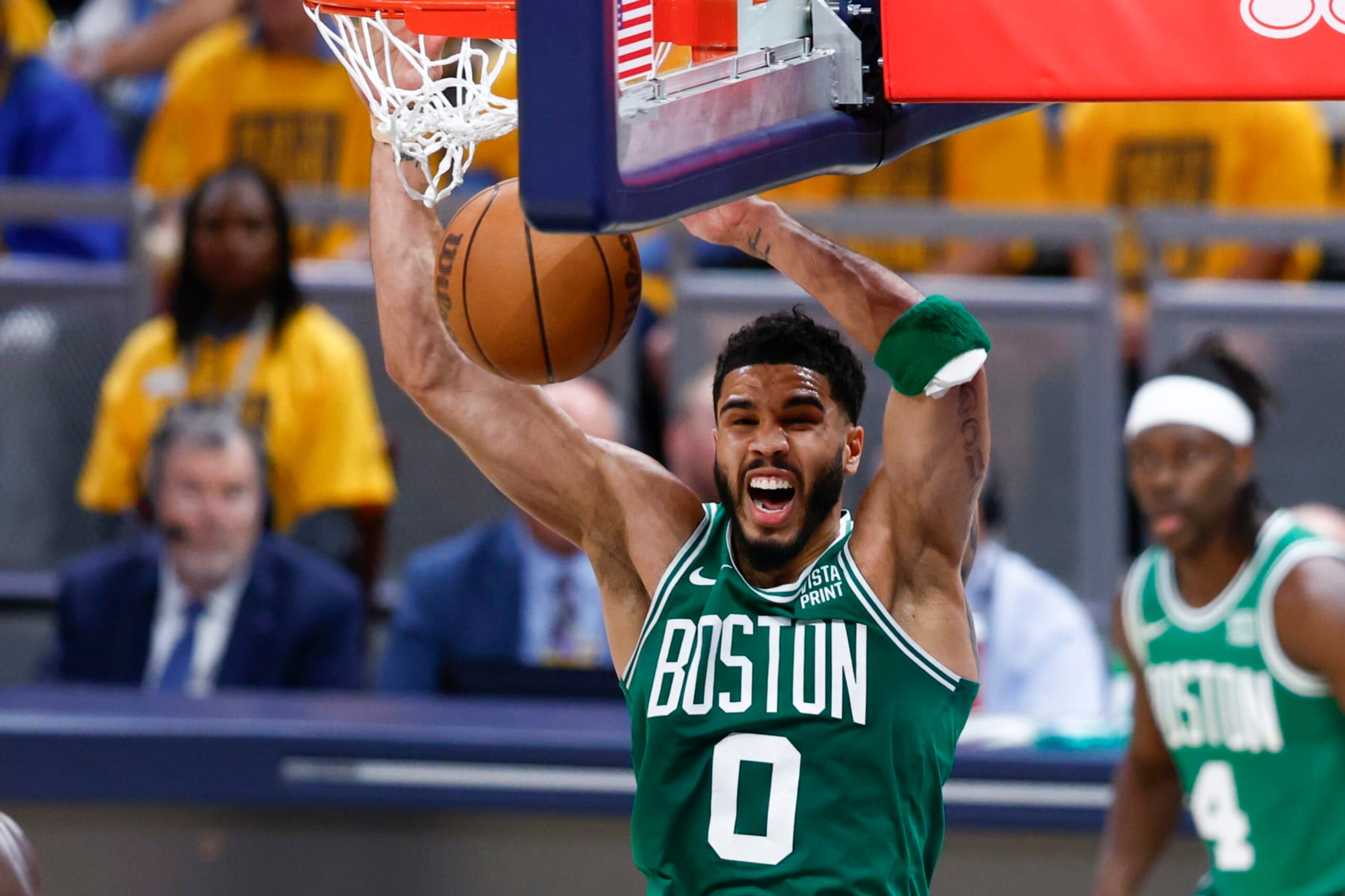 Indianapolis, IN - May 27: Boston Celtics forward Jayson Tatum dunks in the second quarter of Game 4 of the 2024 Eastern Conference Finals. (Photo by Danielle Parhizkaran/The Boston Globe via Getty Images) Indianapolis, IN - May 27: Boston Celtics forward Jayson Tatum dunks in the second quarter of Game 4 of the 2024 Eastern Conference Finals. (Photo by Danielle Parhizkaran/The Boston Globe via Getty Images)