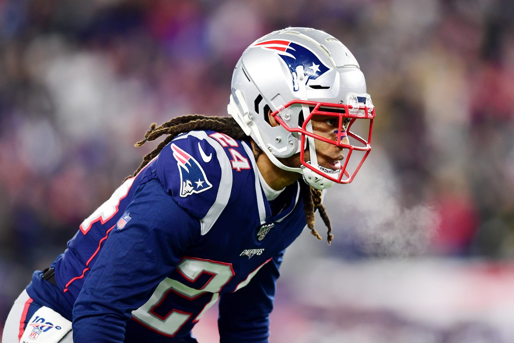 FOXBOROUGH, MASSACHUSETTS - DECEMBER 21: Stephon Gilmore #24 of the New England Patriots looks on during the first half against the Buffalo Bills in the game at Gillette Stadium on December 21, 2019 in Foxborough, Massachusetts. (Photo by Billie Weiss/Getty Images)