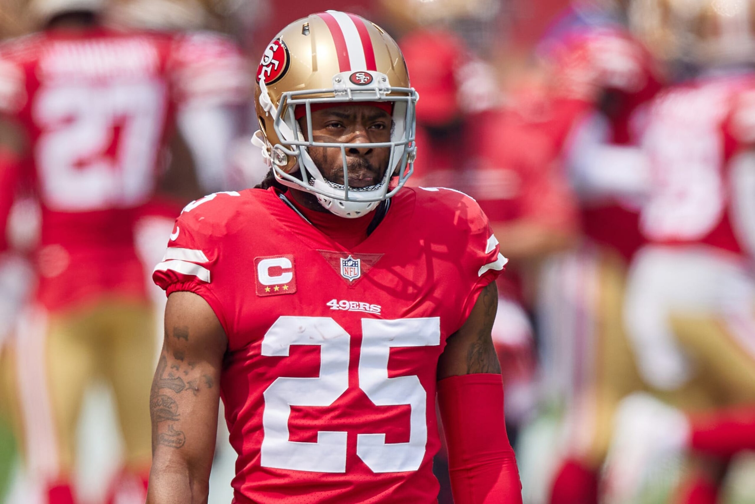 SAN FRANCISCO, CA - SEPTEMBER 13: San Francisco 49ers cornerback Richard Sherman (25) looks on during the NFL game between the San Francisco 49ers and the Arizona Cardinals on September 13, 2020, at Levi's Stadium in Santa Clara, California. (Photo by MSA/Icon Sportswire via Getty Images)