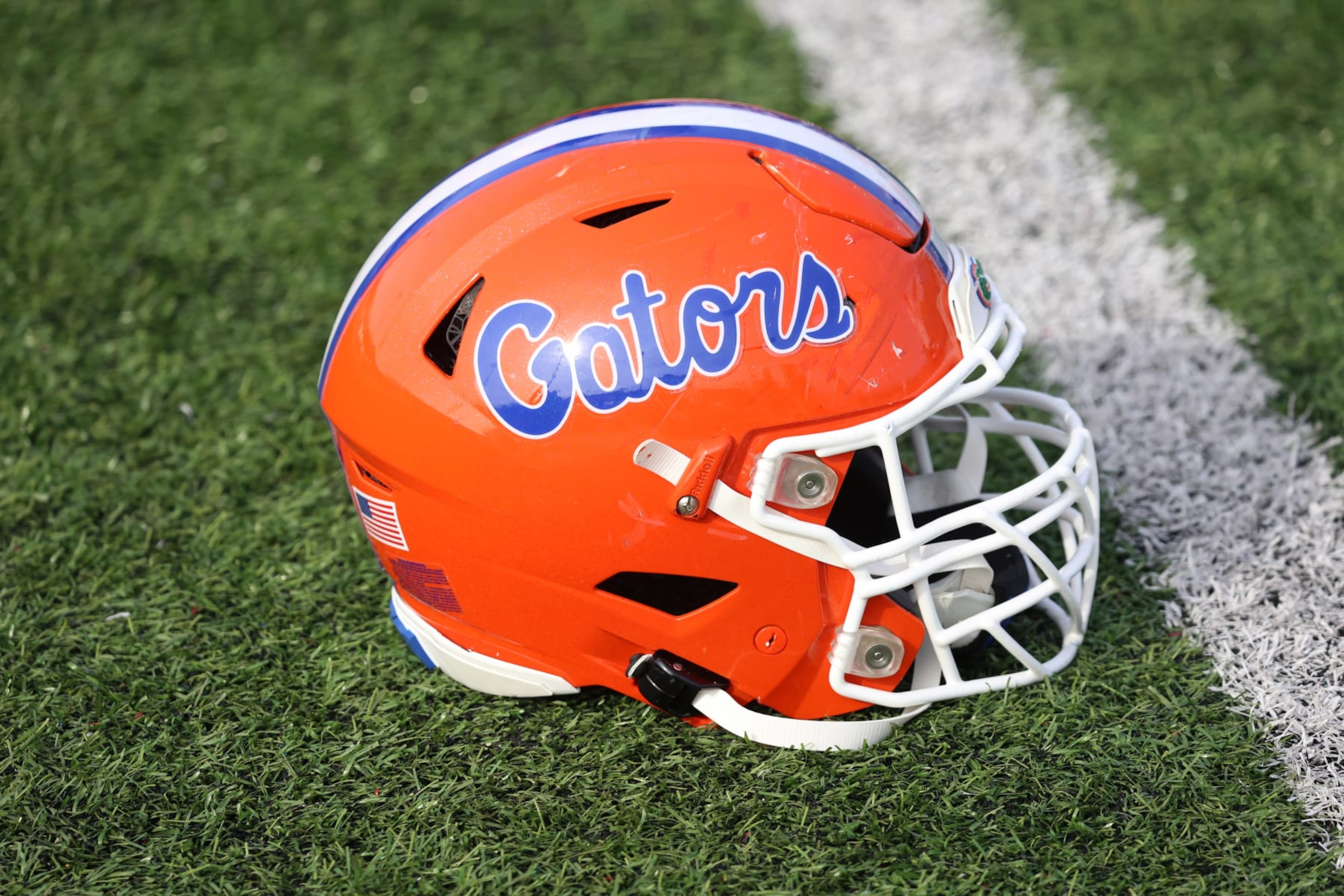 MOBILE, AL - FEBRUARY 01: A general view of a Florida Gators helmet during the National team practice for the Reese's Senior Bowl on February 1, 2024 at Hancock Whitney Stadium in Mobile, Alabama.  (Photo by Michael Wade/Icon Sportswire via Getty Images)