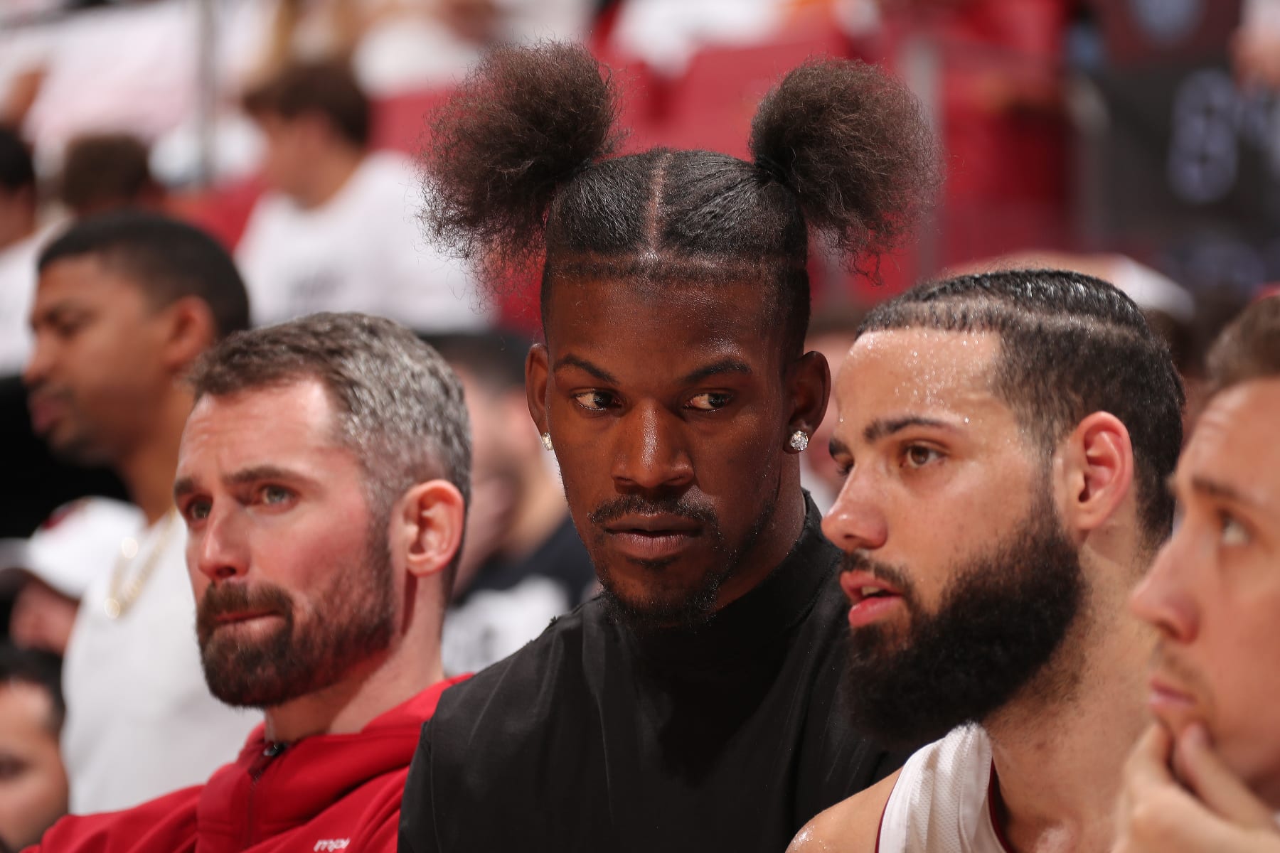 MIAMI, FL - APRIL 27:  Jimmy Butler #22 of the Miami Heat looks on during the game against the Boston Celtics during Round 1 Game 3 of the 2024 NBA Playoffs on April 27, 2024 at Kaseya Center in Miami, Florida. NOTE TO USER: User expressly acknowledges and agrees that, by downloading and or using this Photograph, user is consenting to the terms and conditions of the Getty Images License Agreement. Mandatory Copyright Notice: Copyright 2024 NBAE (Photo by Issac Baldizon/NBAE via Getty Images)
