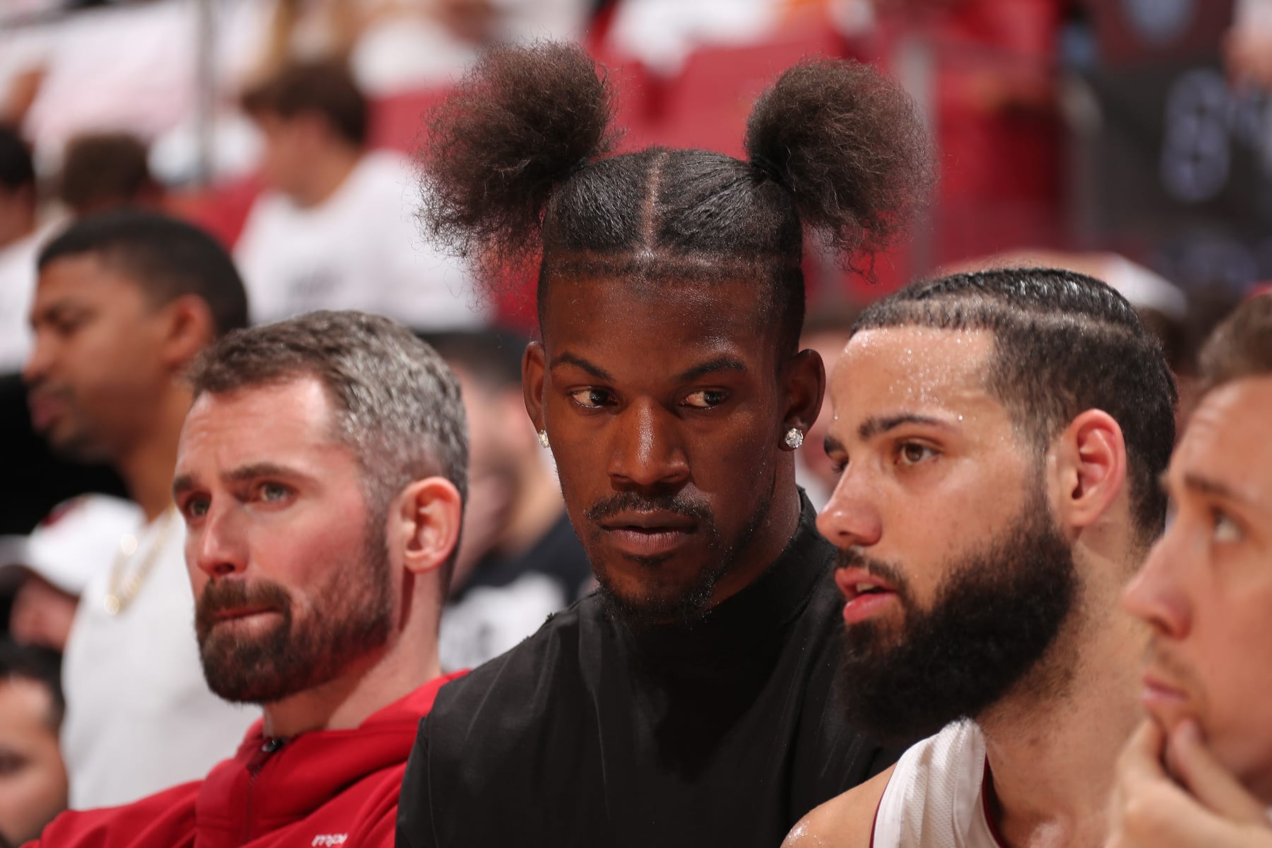 MIAMI, FL - APRIL 27: Jimmy Butler #22 of the Miami Heat looks on during the game against the Boston Celtics during Round 1 Game 3 of the 2024 NBA Playoffs on April 27, 2024 at Kaseya Center in Miami, Florida. NOTE TO USER: User expressly acknowledges and agrees that, by downloading and or using this Photograph, user is consenting to the terms and conditions of the Getty Images License Agreement. Mandatory Copyright Notice: Copyright 2024 NBAE (Photo by Issac Baldizon/NBAE via Getty Images) MIAMI, FL - APRIL 27: Jimmy Butler #22 of the Miami Heat looks on during the game against the Boston Celtics during Round 1 Game 3 of the 2024 NBA Playoffs on April 27, 2024 at Kaseya Center in Miami, Florida. NOTE TO USER: User expressly acknowledges and agrees that, by downloading and or using this Photograph, user is consenting to the terms and conditions of the Getty Images License Agreement. Mandatory Copyright Notice: Copyright 2024 NBAE (Photo by Issac Baldizon/NBAE via Getty Images)