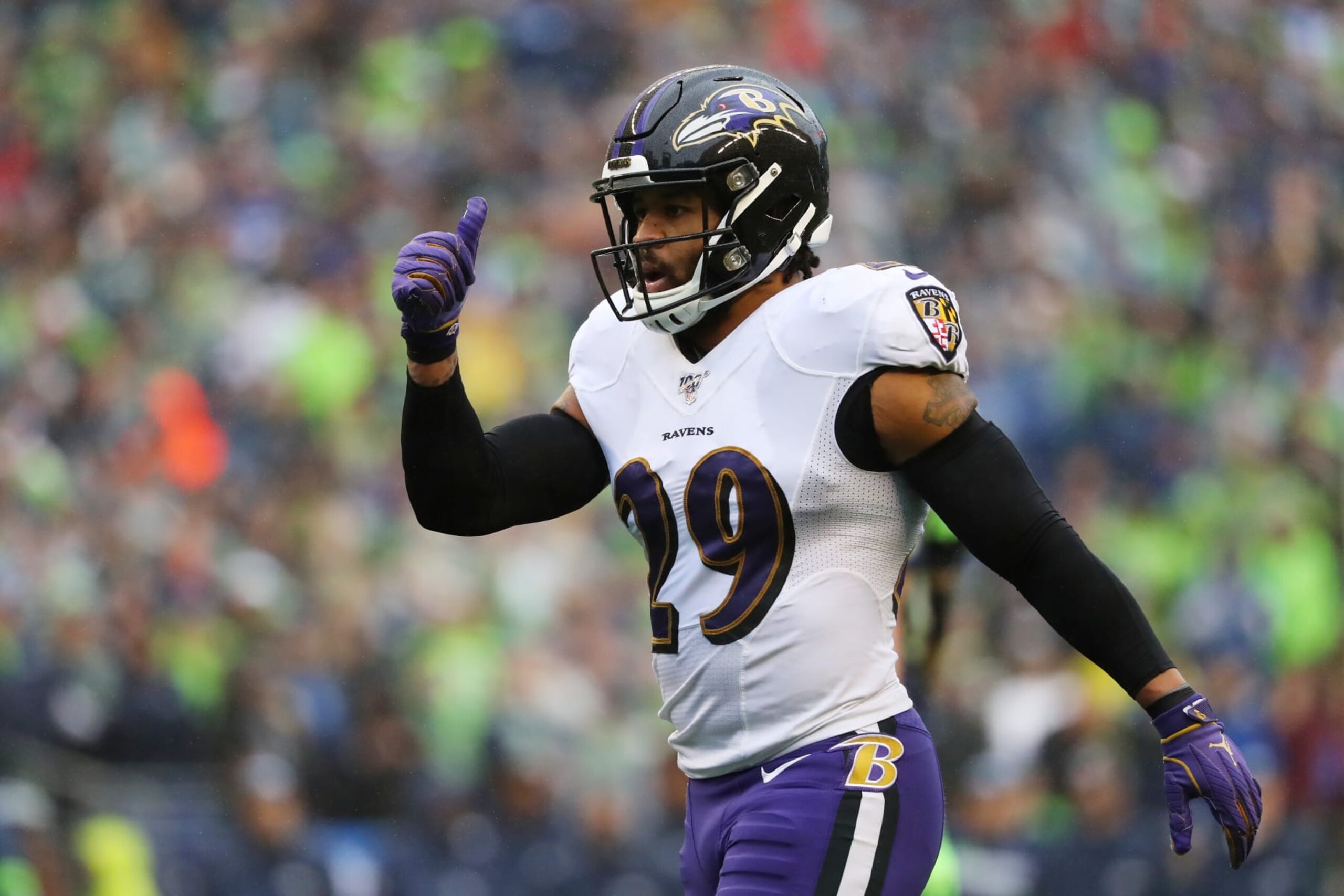 SEATTLE, WASHINGTON - OCTOBER 20:  Free safety Earl Thomas #29 of the Baltimore Ravens reacts against the the Seattle Seahawks in the second quarter of the game at CenturyLink Field on October 20, 2019 in Seattle, Washington. (Photo by Abbie Parr/Getty Images)