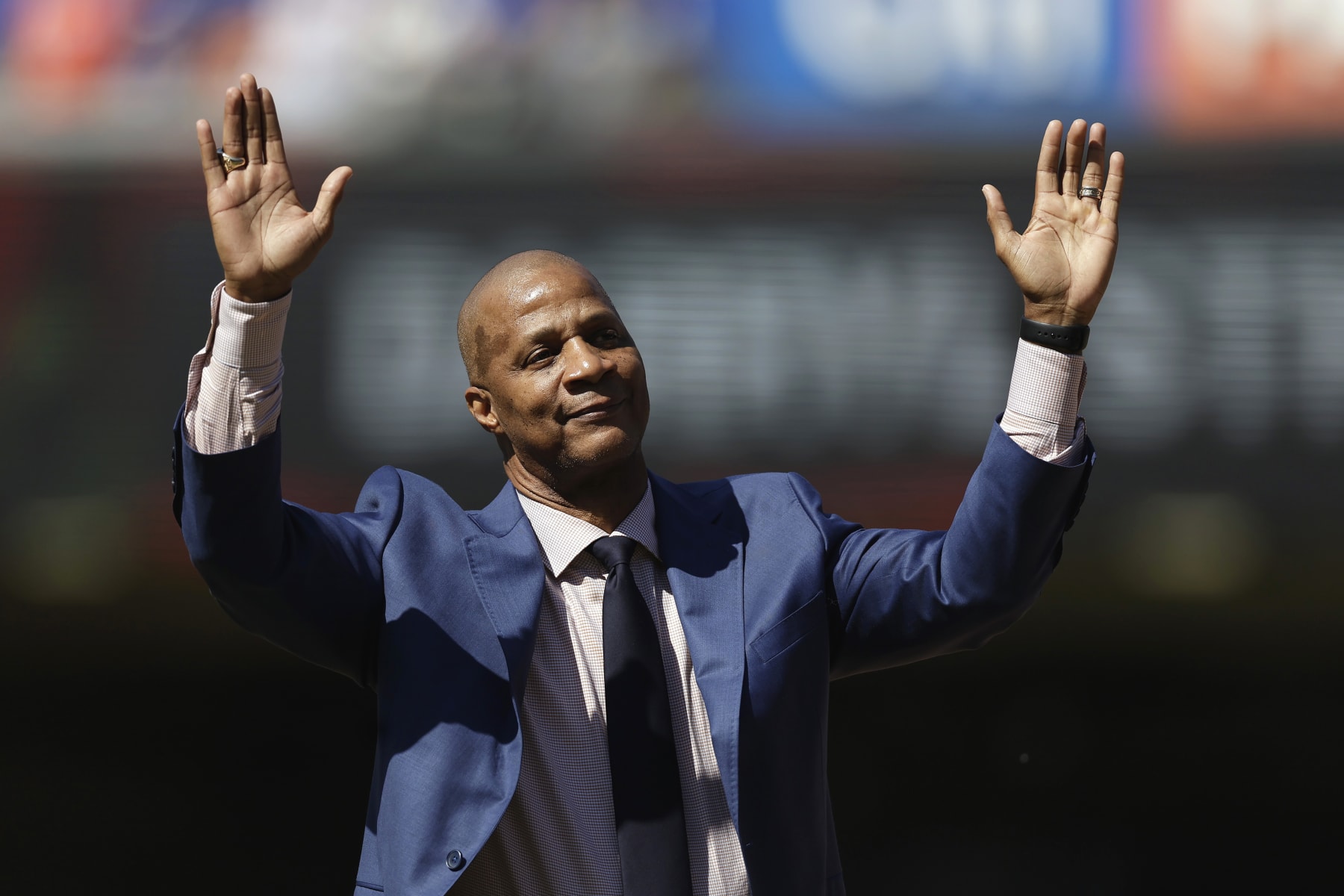 NEW YORK, NY - JUNE 1: Darryl Strawberry, New York Mets legend, reacts during a pre-game ceremony to retire his #18 jersey number before a game against the Arizona Diamondbacks at Citi Field on June 1, 2024 in New York City. (Photo by Adam Hunger/Getty Images)