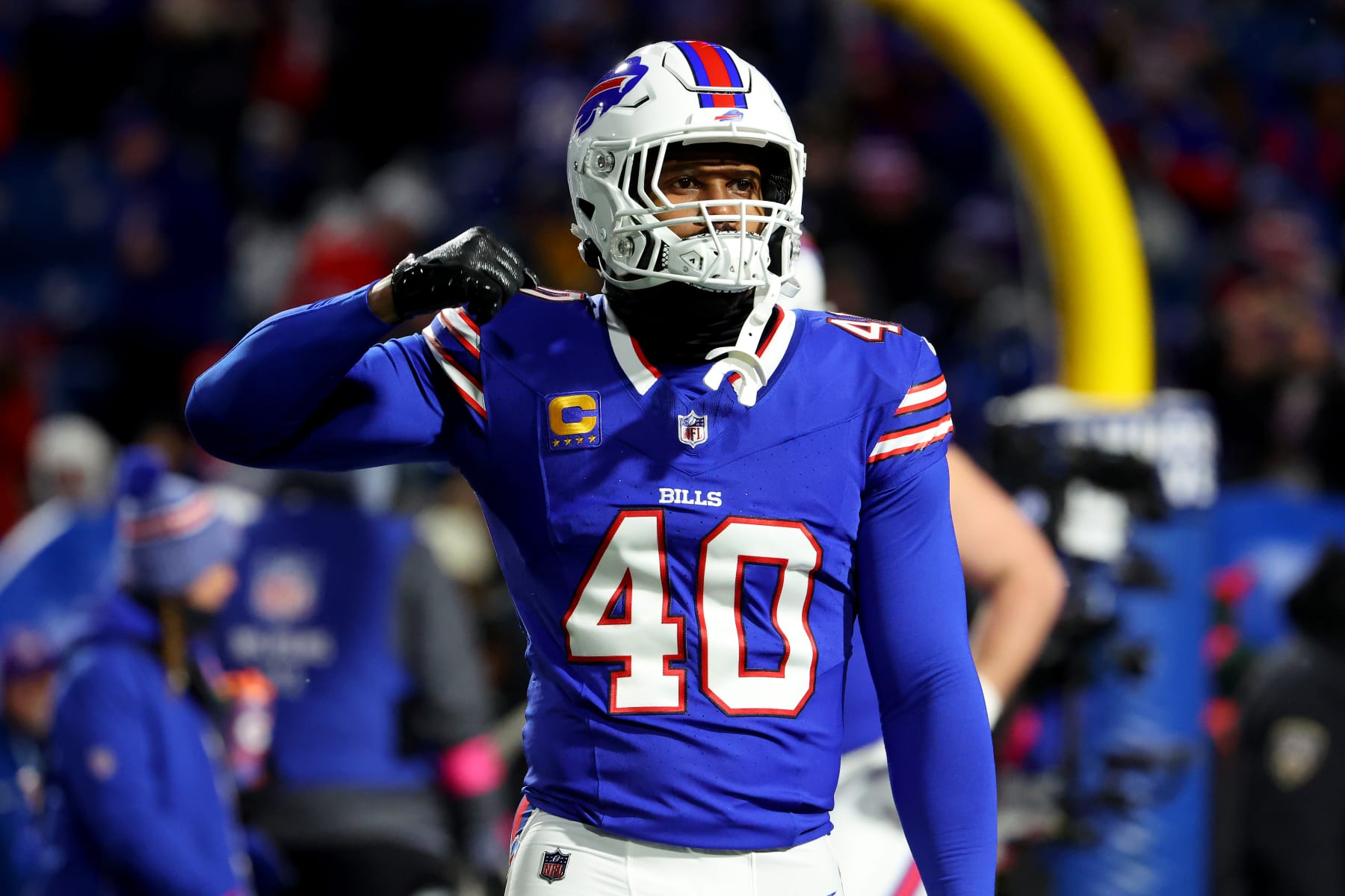 ORCHARD PARK, NEW YORK - JANUARY 21: Von Miller #40 of the Buffalo Bills warms up prior to the AFC Divisional Playoff game against the Kansas City Chiefs at Highmark Stadium on January 21, 2024 in Orchard Park, New York. (Photo by Timothy T Ludwig/Getty Images)
