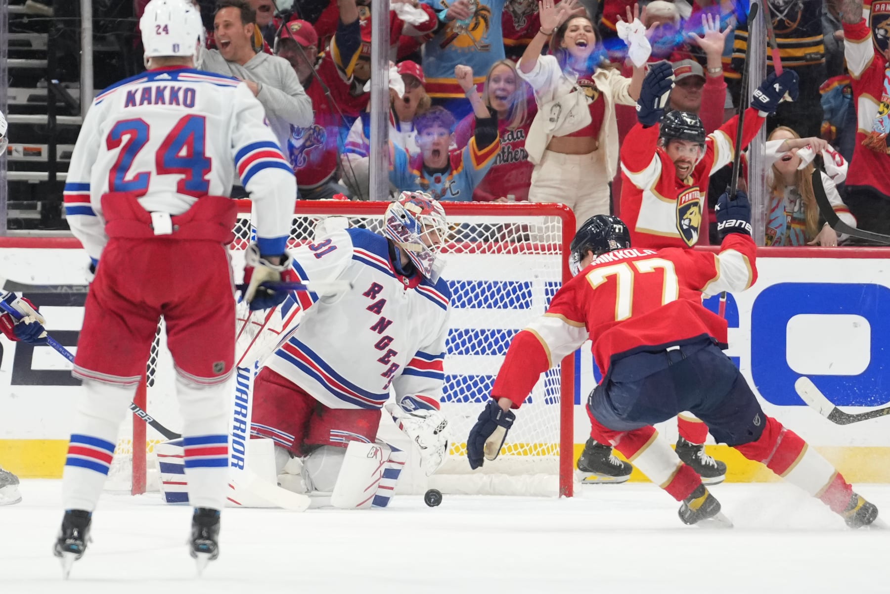 SUNRISE, FL - JUNE 01: New York Rangers goaltender Igor Shesterkin (31) gets beat for a goal in the first period during game six of the Eastern Conference Finals between the New York Ranges and the Florida Panthers on Saturday, June 1, 2024 at Amerant Bank Arena in Sunrise, Fla. (Photo by Peter Joneleit/Icon Sportswire via Getty Images)