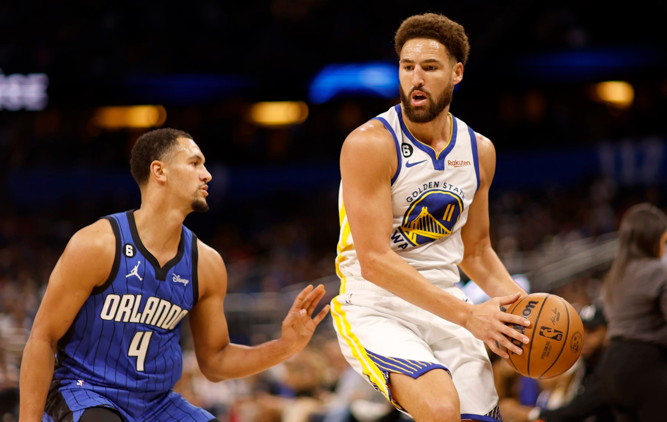 ORLANDO, FLORIDA - NOVEMBER 03: Klay Thompson #11 of the Golden State Warriors looks to pass during a game against the Orlando Magic at Amway Center on November 03, 2022 in Orlando, Florida. NOTE TO USER: User expressly acknowledges and agrees that, by downloading and or using this photograph, User is consenting to the terms and conditions of the Getty Images License Agreement. (Photo by Mike Ehrmann/Getty Images) ORLANDO, FLORIDA - NOVEMBER 03: Klay Thompson #11 of the Golden State Warriors looks to pass during a game against the Orlando Magic at Amway Center on November 03, 2022 in Orlando, Florida. NOTE TO USER: User expressly acknowledges and agrees that, by downloading and or using this photograph, User is consenting to the terms and conditions of the Getty Images License Agreement. (Photo by Mike Ehrmann/Getty Images)
