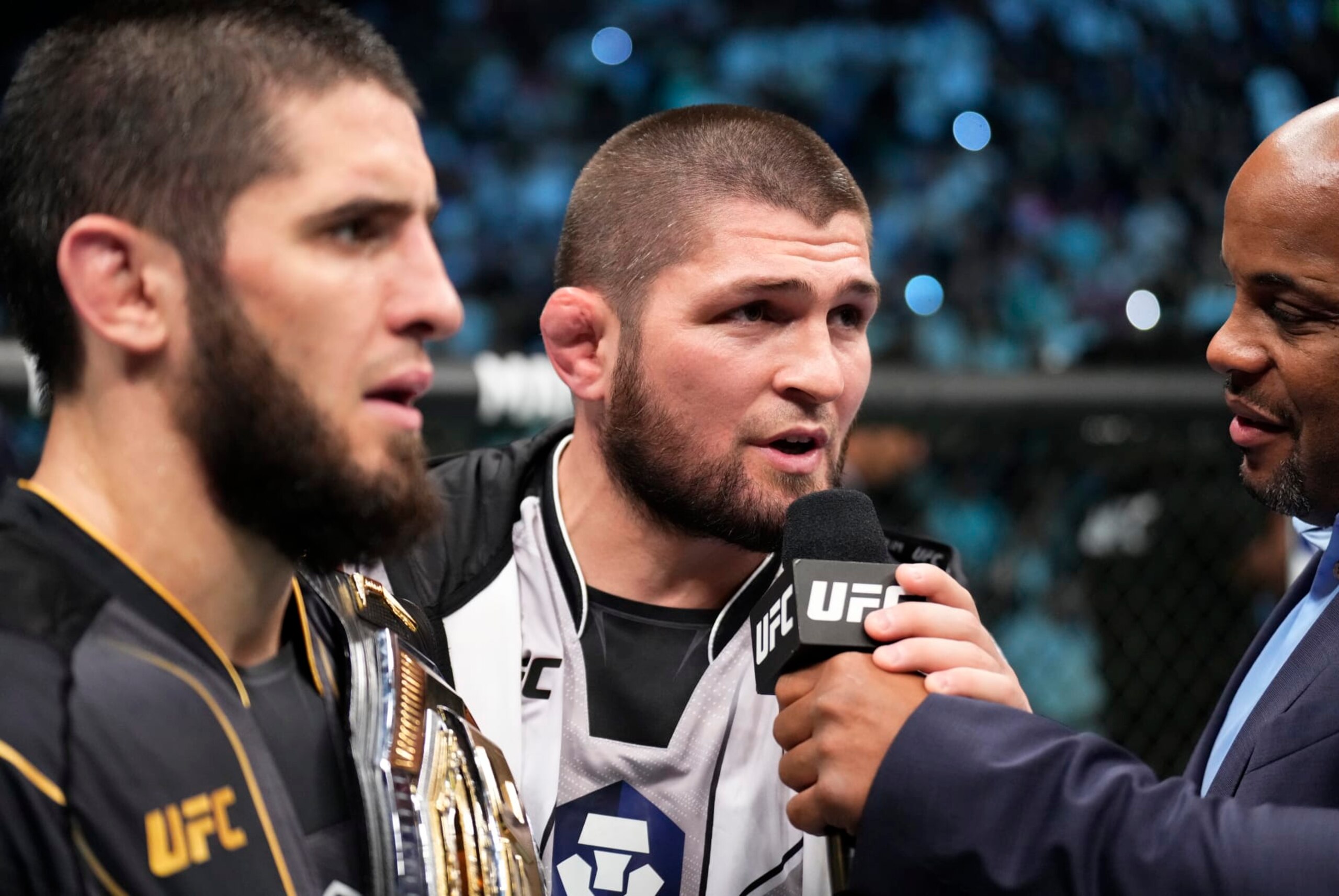 Khabib Nurmagomedov reacts after his teammate Islam Makhachev defeats Dustin Poirier at UFC 302