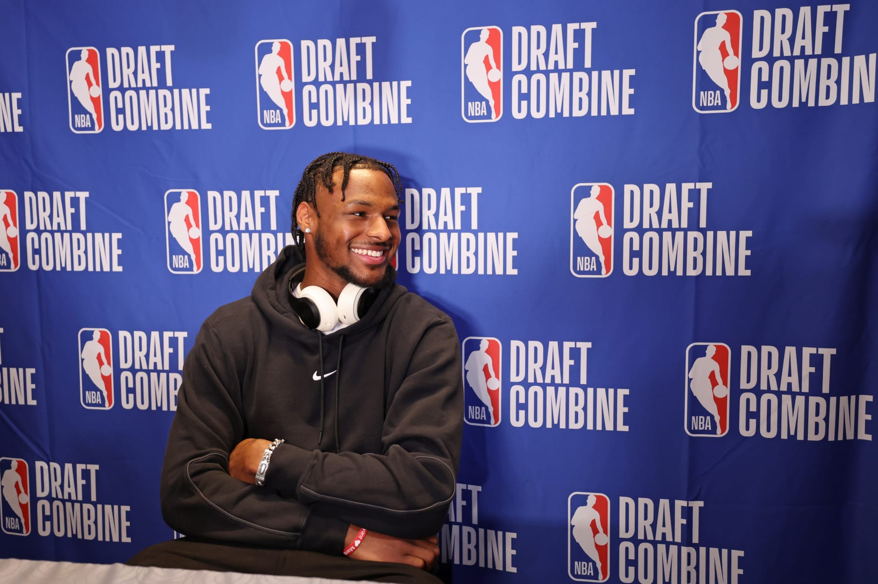 CHICAGO, IL - MAY 14: Bronny James talks to the media during the 2024 NBA Combine on May 14, 2024 at Wintrust Arena in Chicago, Illinois. NOTE TO USER: User expressly acknowledges and agrees that, by downloading and or using this photograph, User is consenting to the terms and conditions of the Getty Images License Agreement. Mandatory Copyright Notice: Copyright 2024 NBAE (Photo by Jeff Haynes/NBAE via Getty Images)
