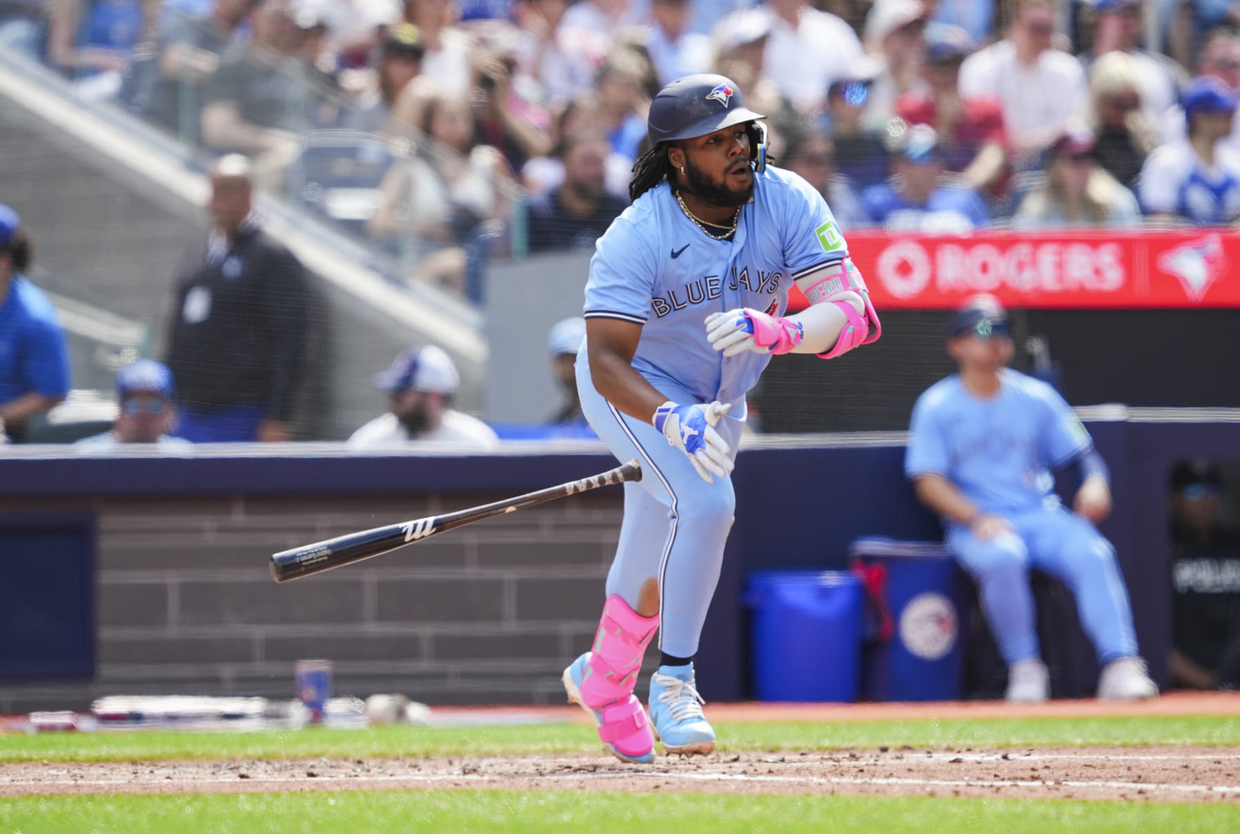 TORONTO, ON - JUNE 1: Vladimir Guerrero Jr. #27 of the Toronto Blue Jays hits a single against the Pittsburgh Pirates during the third inning in their MLB game at the Rogers Centre on June 1, 2024 in Toronto, Ontario, Canada. (Photo by Mark Blinch/Getty Images)