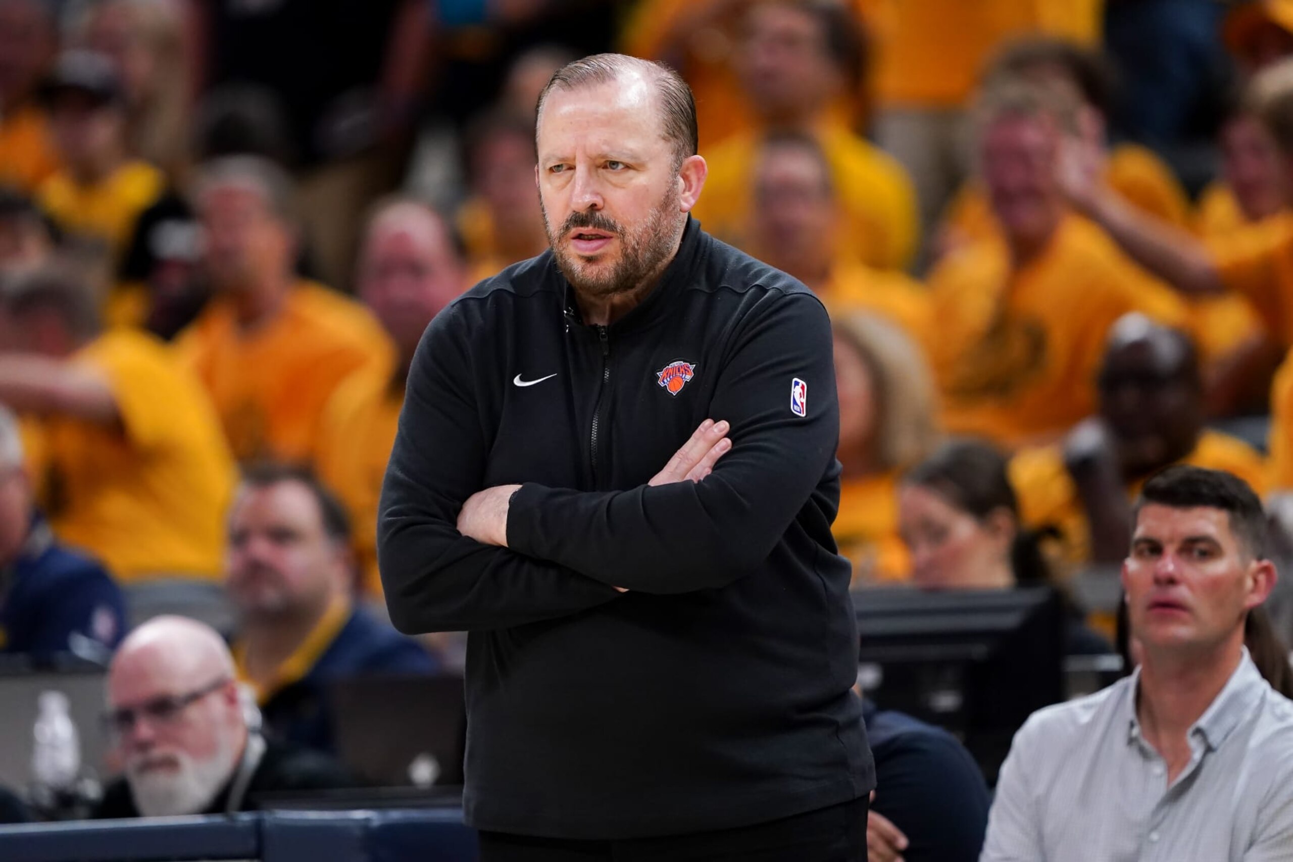 INDIANAPOLIS, INDIANA - MAY 17: Head coach Tom Thibodeau of the New York Knicks looks on in the fourth quarter against the Indiana Pacers at Gainbridge Fieldhouse on May 17, 2024 in Indianapolis, Indiana. NOTE TO USER: User expressly acknowledges and agrees that, by downloading and or using this photograph, User is consenting to the terms and conditions of the Getty Images License Agreement (Photo by Dylan Buell/Getty Images)