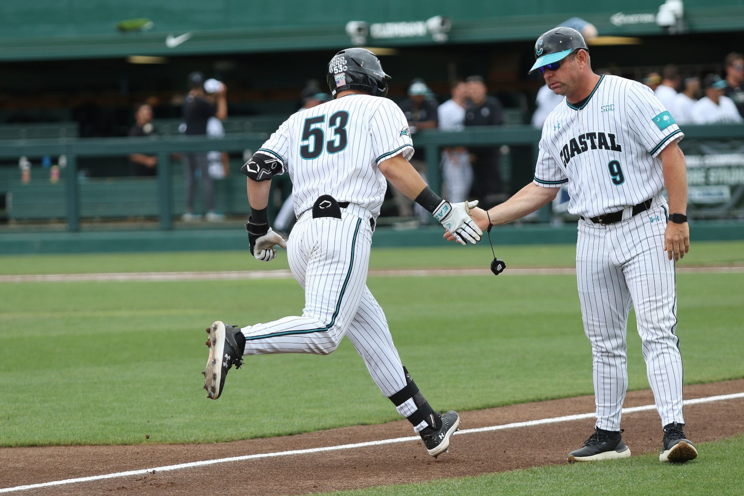 CLEMSON, SC - JUNE 02: Coastal Carolina Chanticleer catcher Derek Bender (53) rounds third after hitting a home run during the NCAA Division 1 Regional College Baseball game between the High Point Panthers and the Coastal Carolina Chanticleers on June 2, 2024, at Doug Kingsmore Stadium in Clemson, S.C.   (Photo by John Byrum/Icon Sportswire via Getty Images)