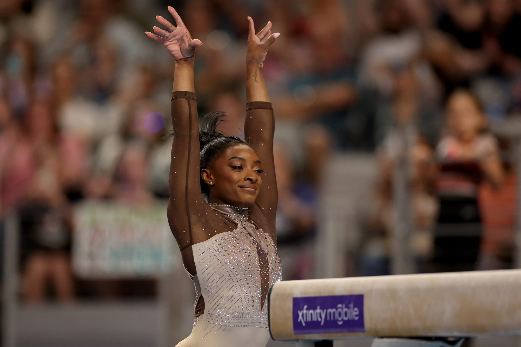 FORT WORTH, TEXAS - JUNE 02: Simone Biles celebrates after competing on the balance beam during the 2024 Xfinity U.S. Gymnastics Championships at Dickies Arena on June 02, 2024 in Fort Worth, Texas. (Photo by Elsa/Getty Images)