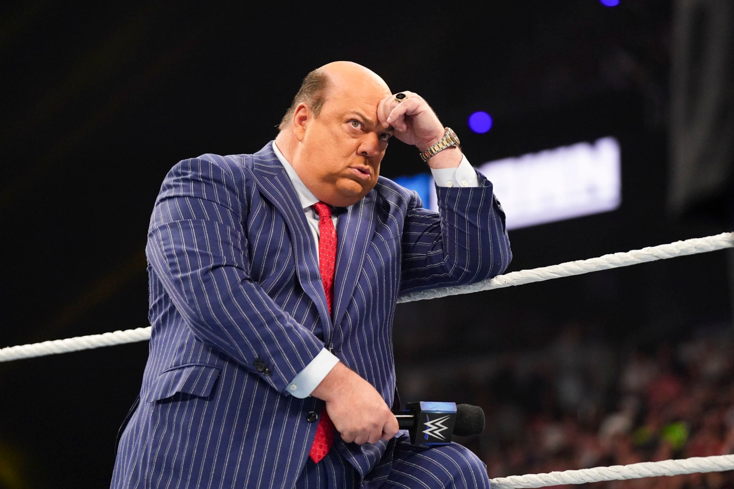 ALBANY, NEW YORK - MAY 31: Paul Heyman begs Kevin Owens in promo during SmackDown at MVP Arena on May 31, 2024 in Albany, New York.  (Photo by WWE/Getty Images)