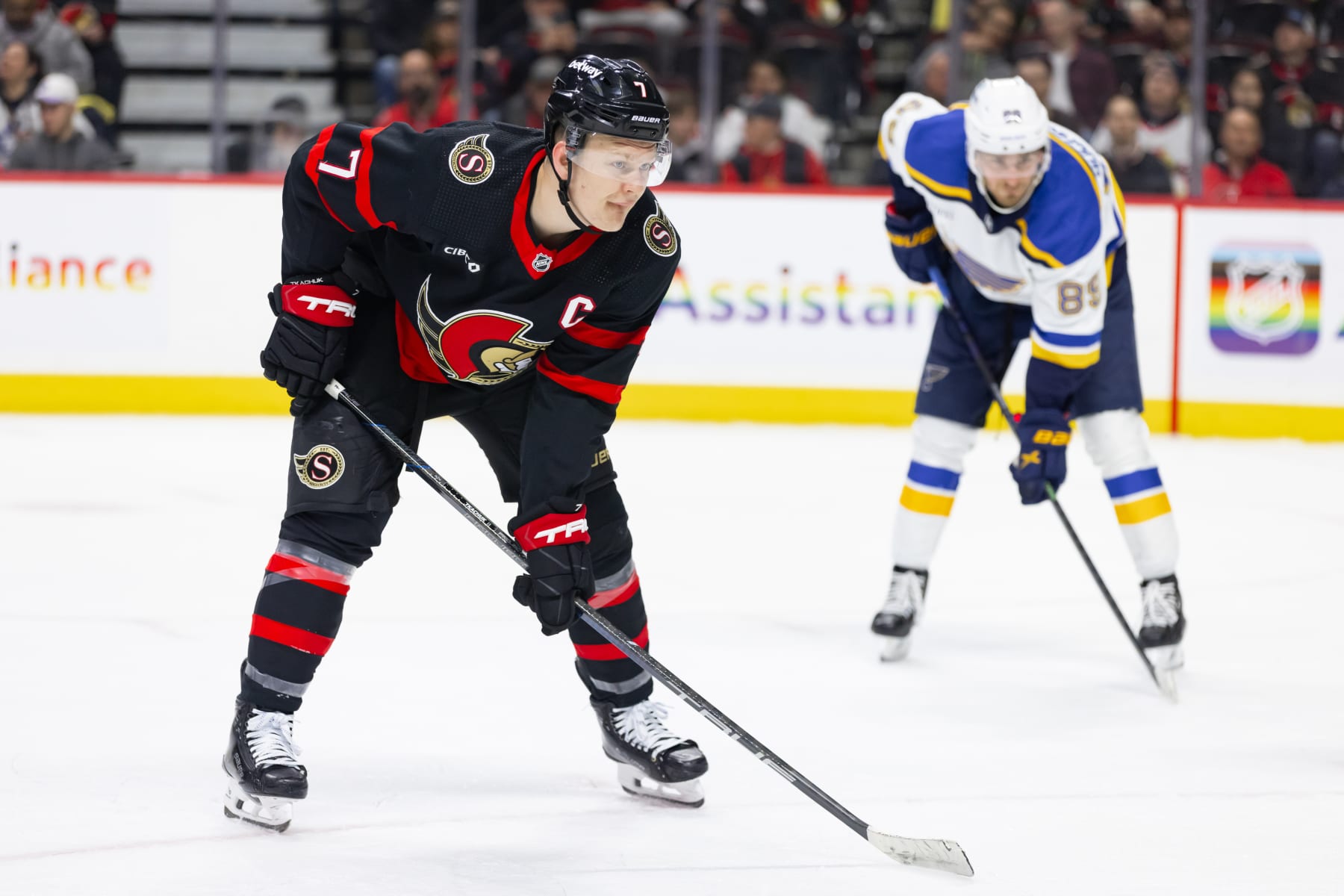 OTTAWA, ON - MARCH 21: Ottawa Senators Left Wing Brady Tkachuk (7) before a face-off during first period National Hockey League action between the St. Louis Blues and Ottawa Senators on March 21, 2024, at Canadian Tire Centre in Ottawa, ON, Canada. (Photo by Richard A. Whittaker/Icon Sportswire via Getty Images)