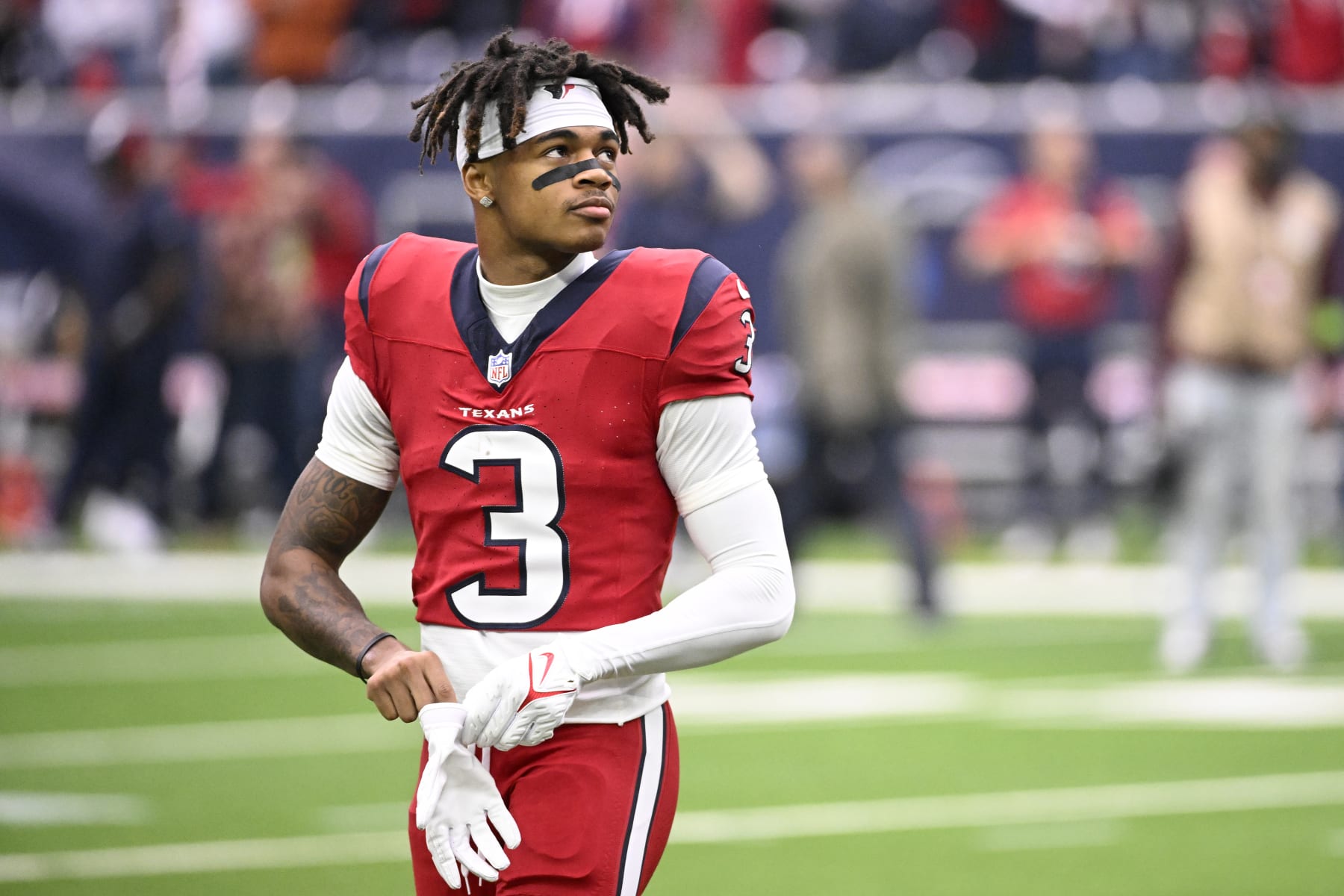 HOUSTON, TEXAS - NOVEMBER 26: Tank Dell #3 of the Houston Texans looks on prior to a game against the Jacksonville Jaguars at NRG Stadium on November 26, 2023 in Houston, Texas. (Photo by Logan Riely/Getty Images)