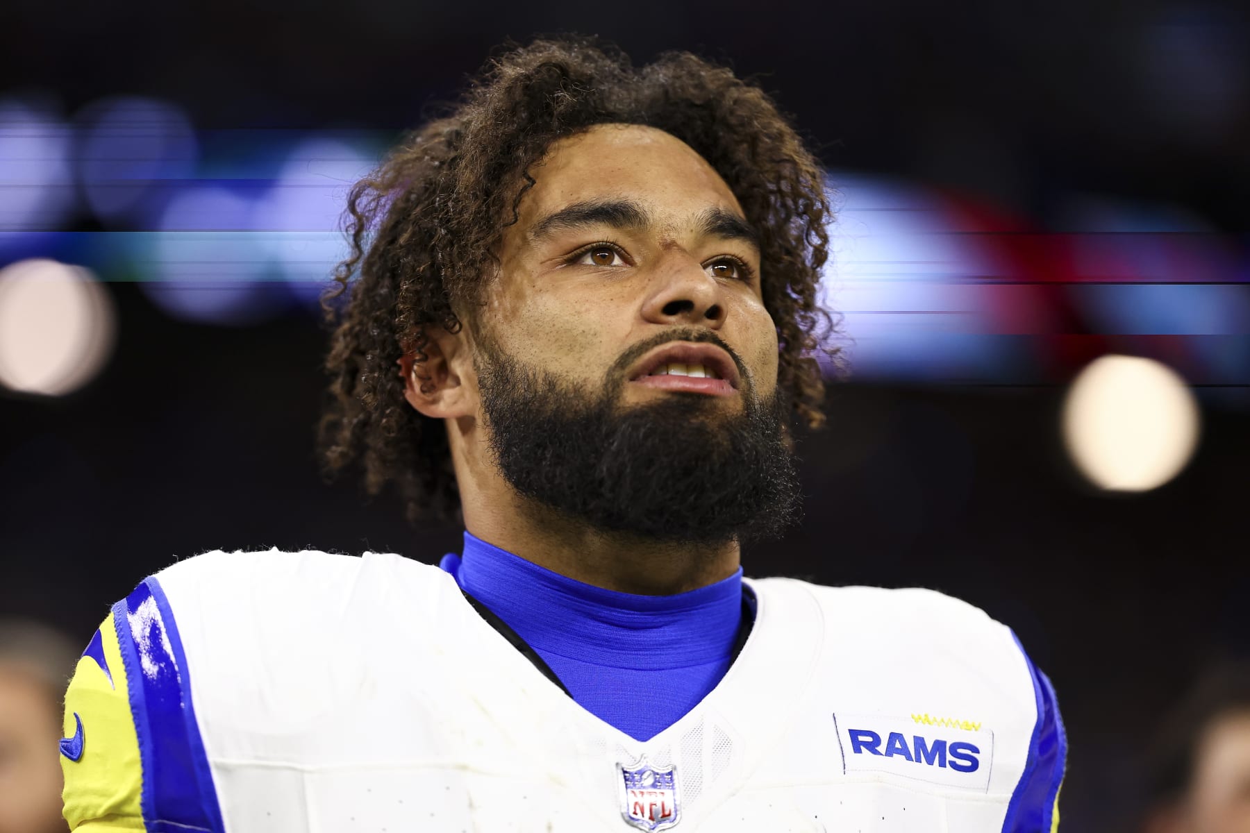 DETROIT, MI - JANUARY 14: Kyren Williams #23 of the Los Angeles Rams stands on the sidelines during the national anthem prior to an NFL wild-card playoff football game against the Detroit Lions at Ford Field on January 14, 2024 in Detroit, Michigan. (Photo by Kevin Sabitus/Getty Images)