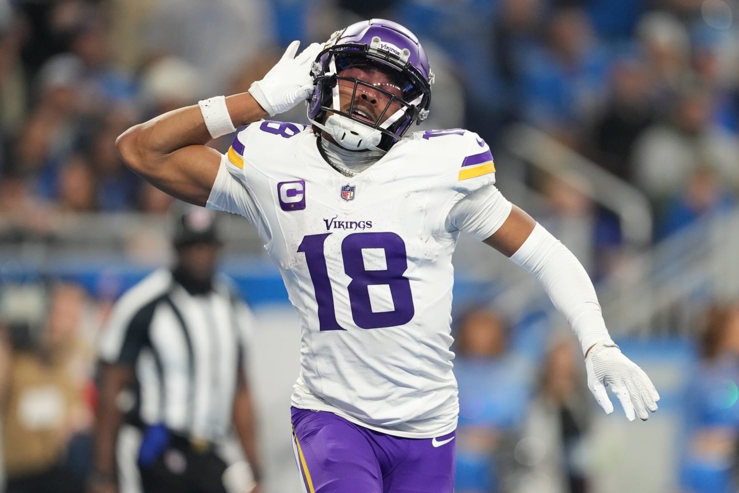 DETROIT, MICHIGAN - JANUARY 07: Justin Jefferson #18 of the Minnesota Vikings celebrates after a touchdown during the third quarter in the game against the Detroit Lions at Ford Field on January 07, 2024 in Detroit, Michigan. (Photo by Nic Antaya/Getty Images) DETROIT, MICHIGAN - JANUARY 07: Justin Jefferson #18 of the Minnesota Vikings celebrates after a touchdown during the third quarter in the game against the Detroit Lions at Ford Field on January 07, 2024 in Detroit, Michigan. (Photo by Nic Antaya/Getty Images)