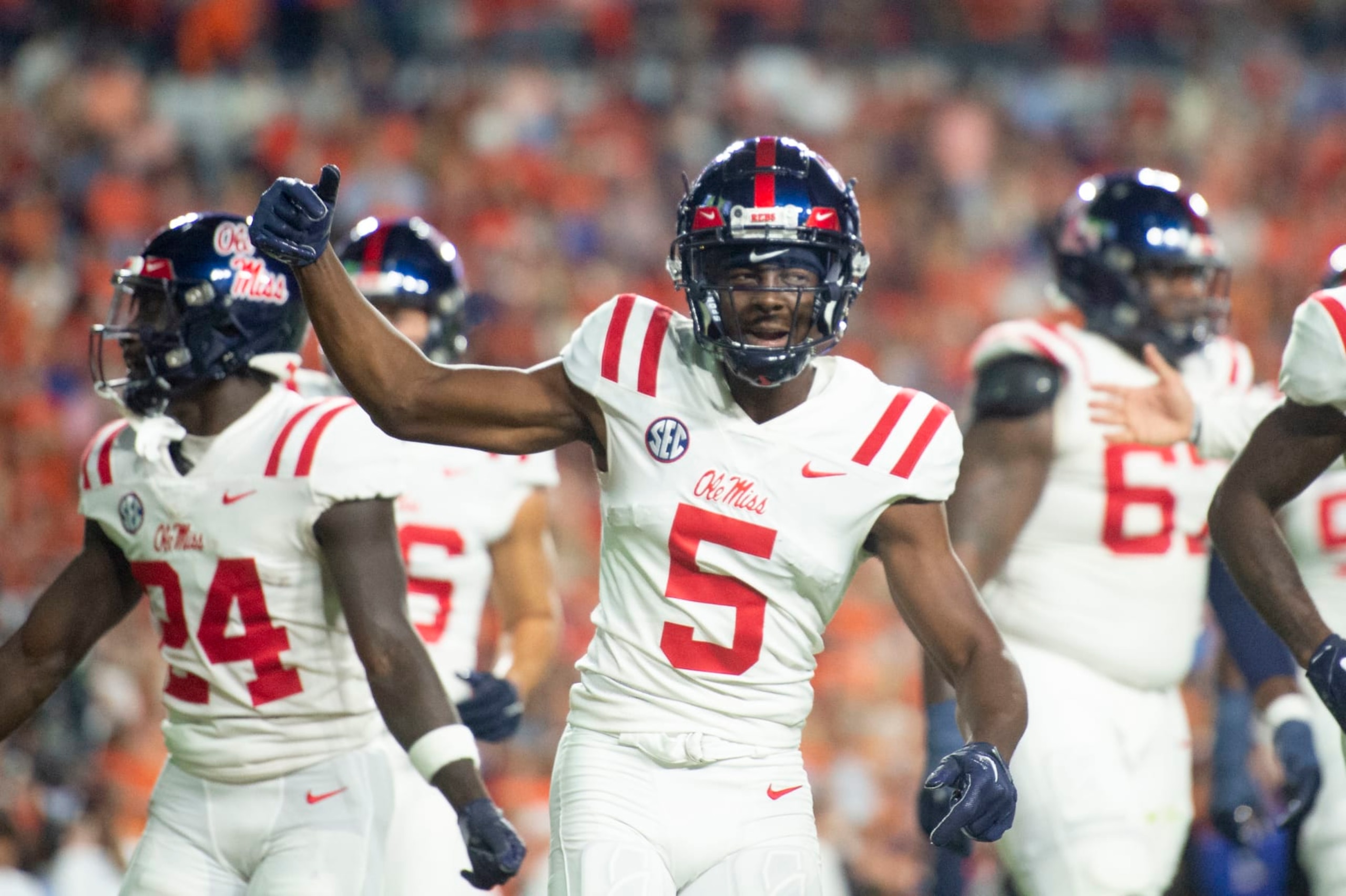 AUBURN, ALABAMA - OCTOBER 21: Wide receiver Zakhari Franklin #5 of the Mississippi Rebels celebrates after scoring a touchdown during the first half of their game against the Auburn Tigers at Jordan-Hare Stadium on October 21, 2023 in Auburn, Alabama. (Photo by Michael Chang/Getty Images)