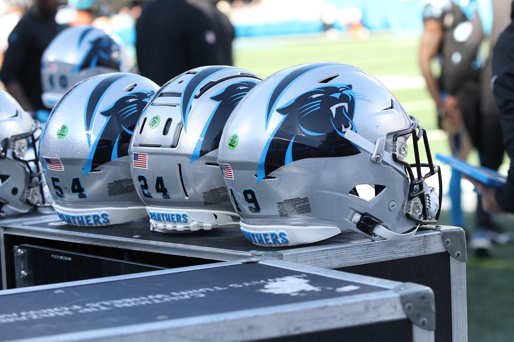 CHARLOTTE, NC - NOVEMBER 19: Carolina Panthers helmets during an NFL football game between the Dallas Cowboys and the Carolina Panthers on November 19, 2023 at Bank of America Stadium in Charlotte, N.C. (Photo by John Byrum/Icon Sportswire via Getty Images)