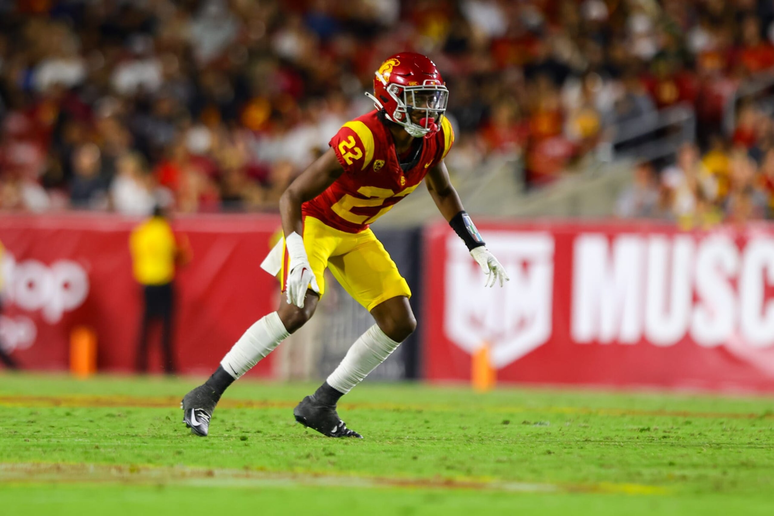 LOS ANGELES, CA - SEPTEMBER 09: USC Trojans cornerback Ceyair Wright (22) drops back into coverage during a college football game between the Stanford Cardinal and the USC Trojans on September 09, 2023, at the Los Angeles Memorial Coliseum in Los Angeles, CA. (Photo by Jordon Kelly/Icon Sportswire via Getty Images) LOS ANGELES, CA - SEPTEMBER 09: USC Trojans cornerback Ceyair Wright (22) drops back into coverage during a college football game between the Stanford Cardinal and the USC Trojans on September 09, 2023, at the Los Angeles Memorial Coliseum in Los Angeles, CA. (Photo by Jordon Kelly/Icon Sportswire via Getty Images)