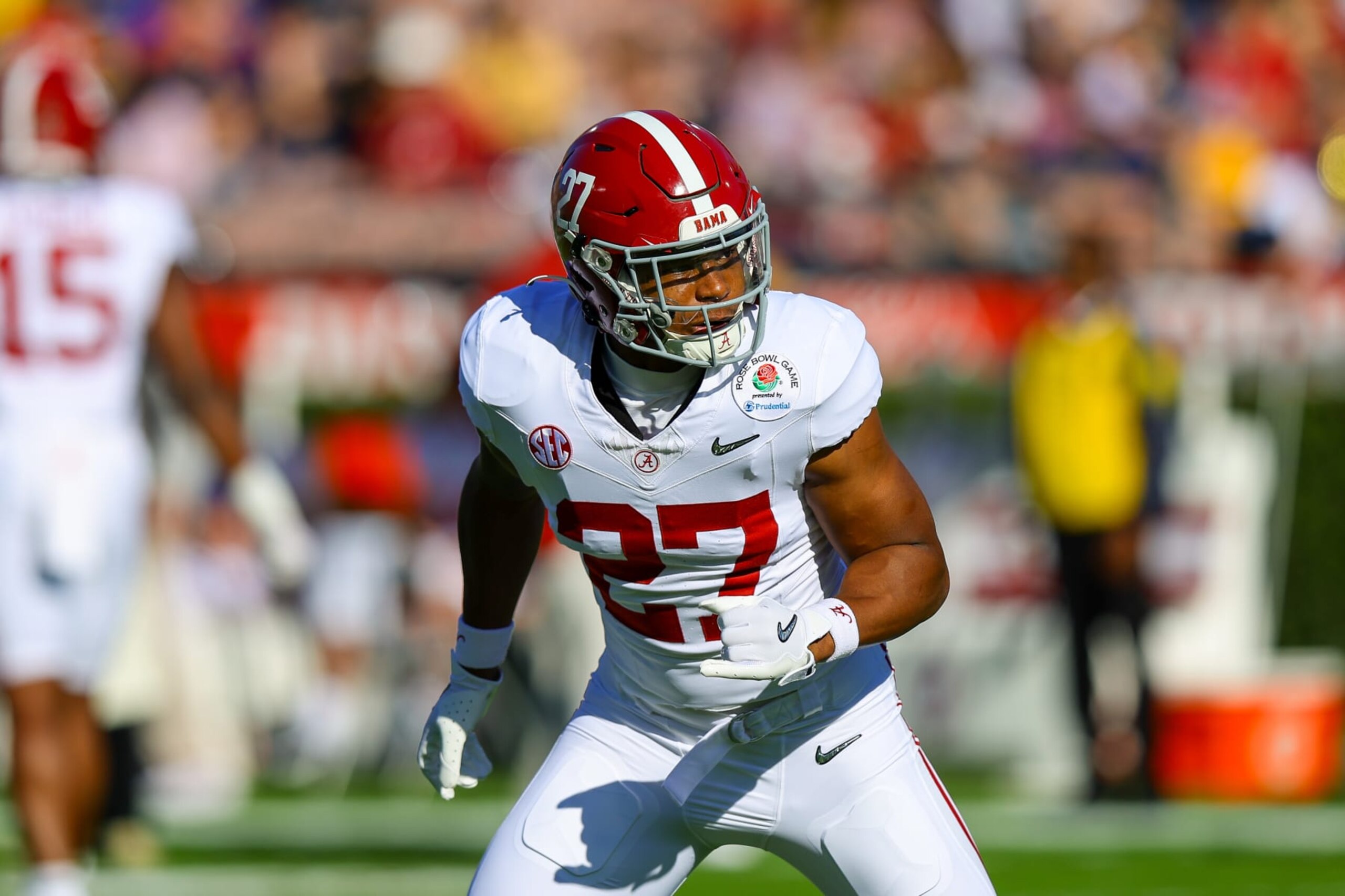 PASADENA, CA - JANUARY 01: Alabama Crimson Tide defensive back Tony Mitchell (27) warms up before the Alabama Crimson Tide game versus the Michigan Wolverines CFP Semifinal at the Rose Bowl Game on January, 1, 2024, at the Rose Bowl Stadium in Pasadena, CA. (Photo by Jordon Kelly/Icon Sportswire via Getty Images) PASADENA, CA - JANUARY 01: Alabama Crimson Tide defensive back Tony Mitchell (27) warms up before the Alabama Crimson Tide game versus the Michigan Wolverines CFP Semifinal at the Rose Bowl Game on January, 1, 2024, at the Rose Bowl Stadium in Pasadena, CA. (Photo by Jordon Kelly/Icon Sportswire via Getty Images)
