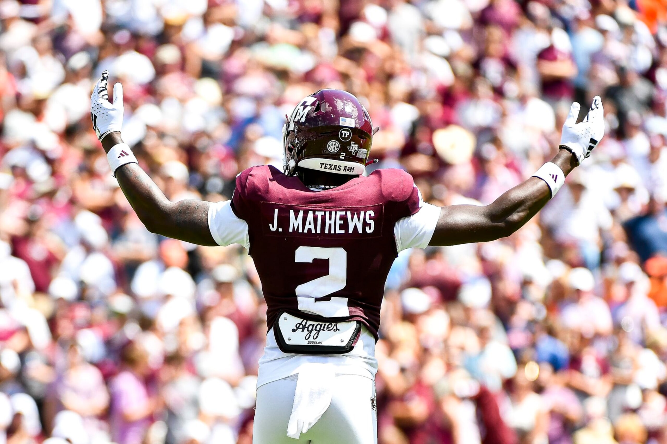 COLLEGE STATION, TEXAS - SEPTEMBER 23: Defensive back Jacoby Mathews #2 of the Texas A&M Aggies celebrates after a play against the Auburn Tigers at Kyle Field on September 23, 2023 in College Station, Texas. (Photo by Logan Riely/Getty Images) COLLEGE STATION, TEXAS - SEPTEMBER 23: Defensive back Jacoby Mathews #2 of the Texas A&M Aggies celebrates after a play against the Auburn Tigers at Kyle Field on September 23, 2023 in College Station, Texas. (Photo by Logan Riely/Getty Images)