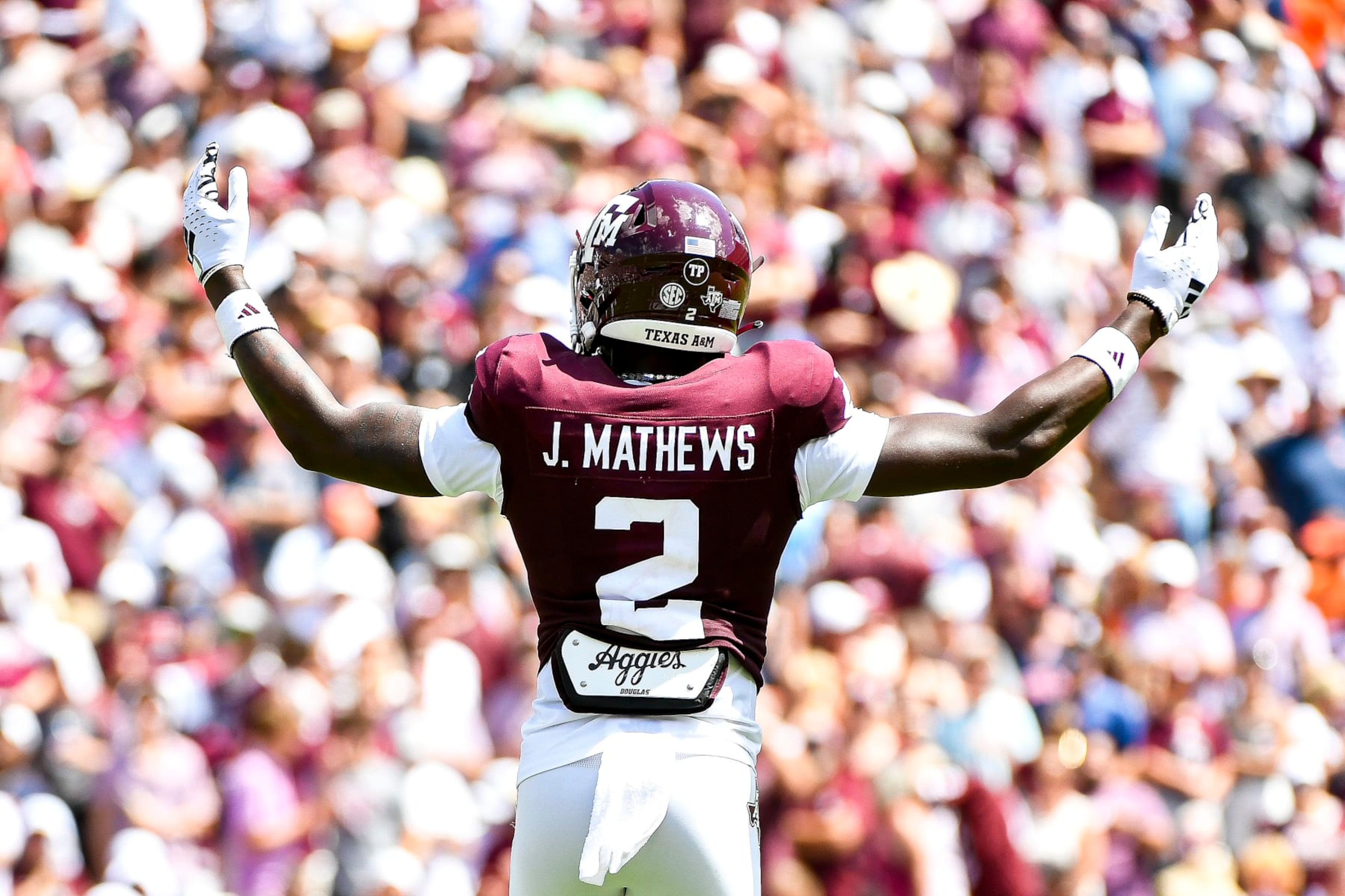 COLLEGE STATION, TEXAS - SEPTEMBER 23: Defensive back Jacoby Mathews #2 of the Texas A&M Aggies celebrates after a play against the Auburn Tigers at Kyle Field on September 23, 2023 in College Station, Texas. (Photo by Logan Riely/Getty Images) COLLEGE STATION, TEXAS - SEPTEMBER 23: Defensive back Jacoby Mathews #2 of the Texas A&M Aggies celebrates after a play against the Auburn Tigers at Kyle Field on September 23, 2023 in College Station, Texas. (Photo by Logan Riely/Getty Images)