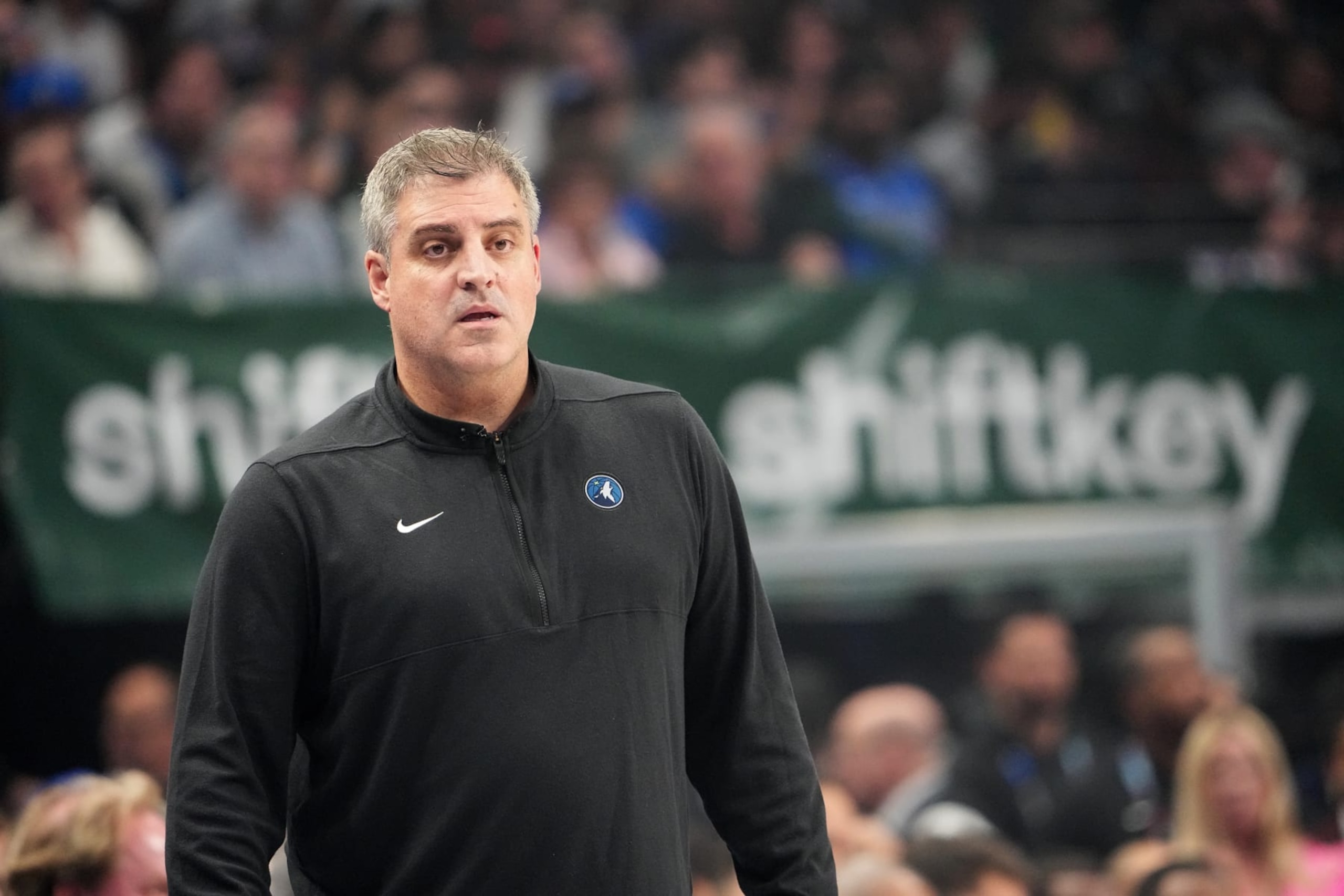 DALLAS, TX - MAY 28: Assistant Coach Micah Nori of the Minnesota Timberwolves looks on during the game against the Dallas Mavericks during Game 4 of the Western Conference Finals of the 2024 NBA Playoffs on May 28, 2024 at the American Airlines Center in Dallas, Texas. NOTE TO USER: User expressly acknowledges and agrees that, by downloading and or using this photograph, User is consenting to the terms and conditions of the Getty Images License Agreement. Mandatory Copyright Notice: Copyright 2024 NBAE (Photo by Glenn James/NBAE via Getty Images) DALLAS, TX - MAY 28: Assistant Coach Micah Nori of the Minnesota Timberwolves looks on during the game against the Dallas Mavericks during Game 4 of the Western Conference Finals of the 2024 NBA Playoffs on May 28, 2024 at the American Airlines Center in Dallas, Texas. NOTE TO USER: User expressly acknowledges and agrees that, by downloading and or using this photograph, User is consenting to the terms and conditions of the Getty Images License Agreement. Mandatory Copyright Notice: Copyright 2024 NBAE (Photo by Glenn James/NBAE via Getty Images)