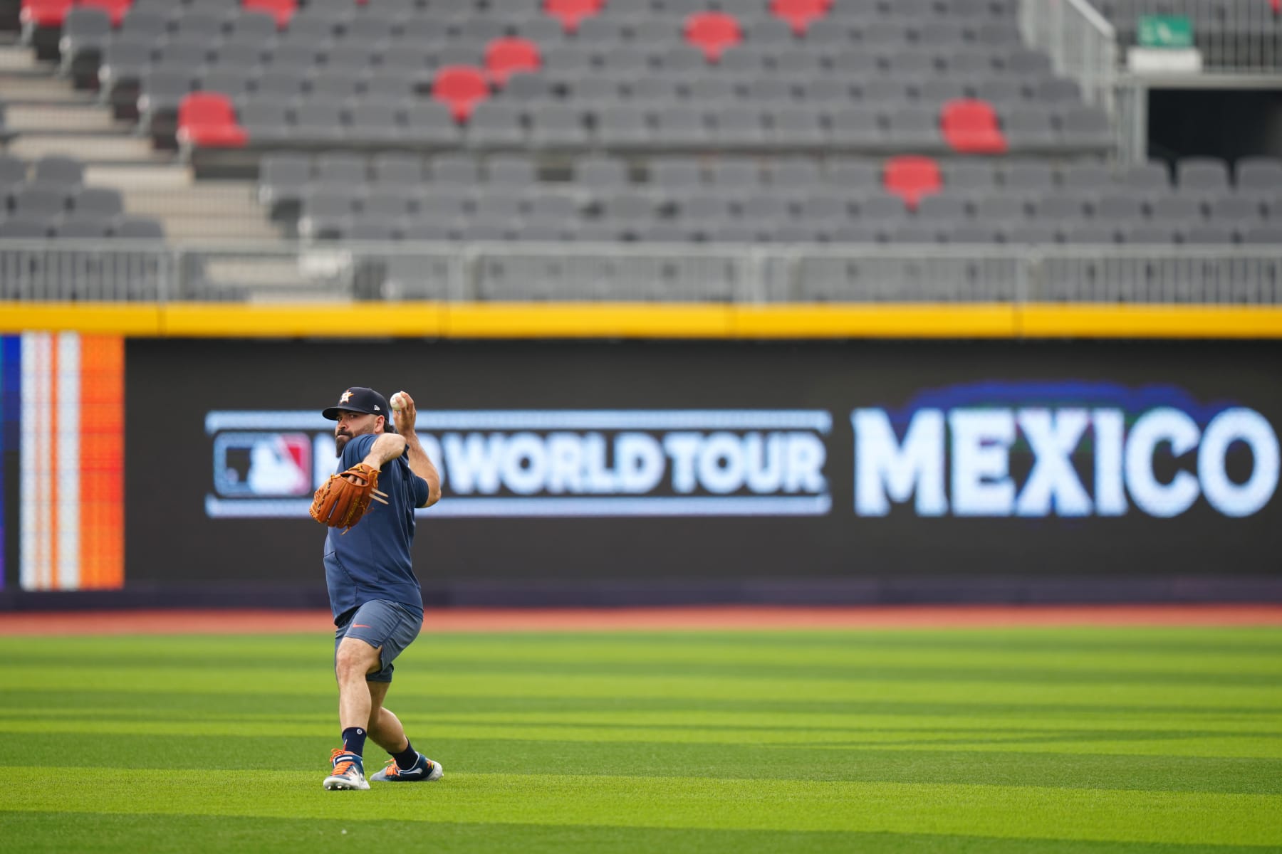 MEXICO CITY, MEXICO - APRIL 26: José Urquidy #65 of the Houston Astros throws during the 2024 Mexico Series workout day at Alfredo Harp Helú Stadium on Friday, April 26, 2024 in Mexico City, Mexico. (Photo by Daniel Shirey/MLB Photos via Getty Images)