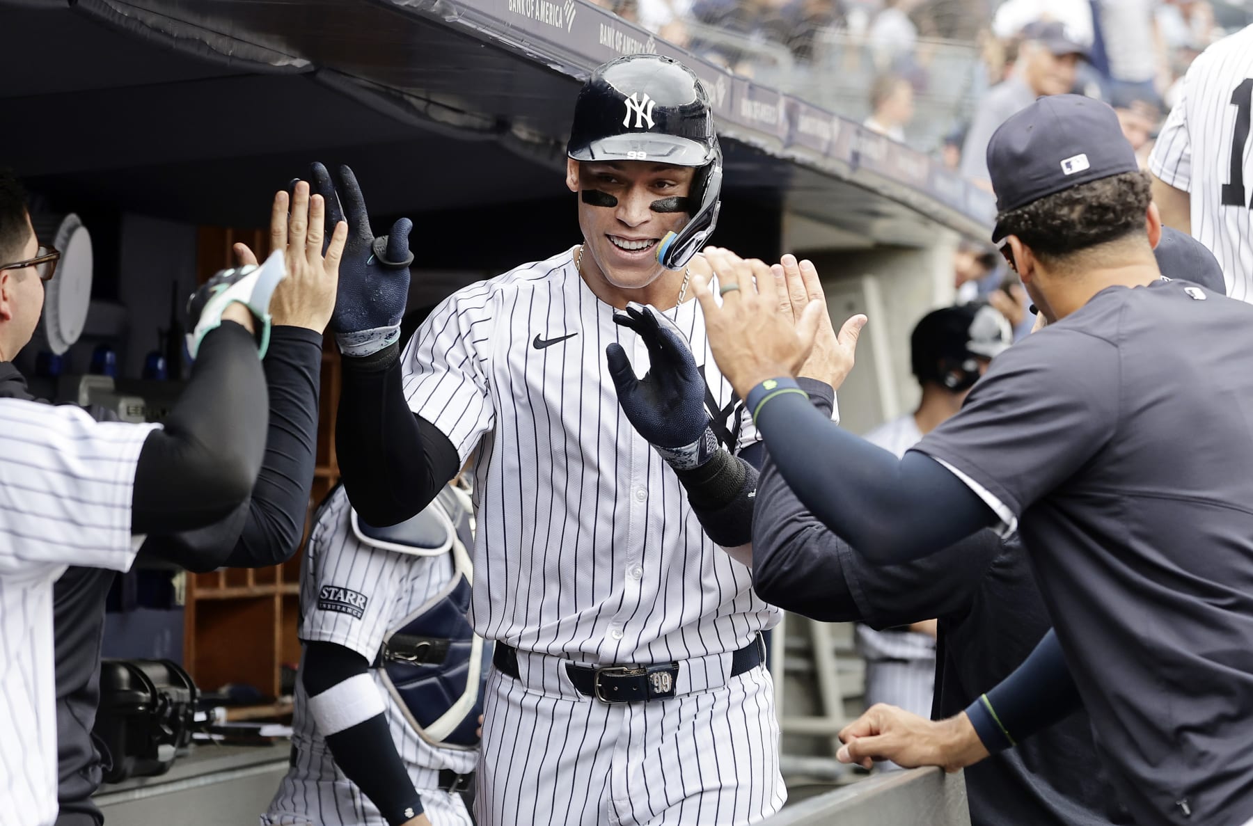 NEW YORK, NEW YORK - MAY 23:  Aaron Judge #99 of the New York Yankees celebrates his home run against the Seattle Mariners at Yankee Stadium on May 23, 2024 in New York City. The Yankees defeated the Mariners 5-0. (Photo by Jim McIsaac/Getty Images)