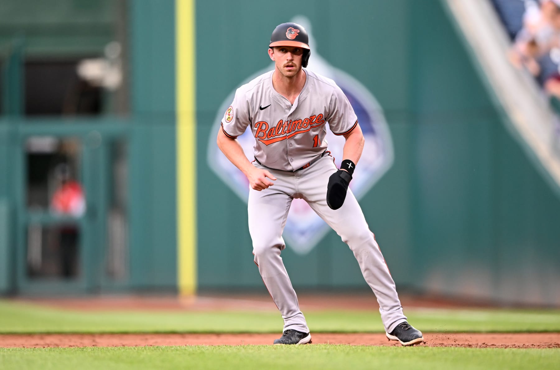 WASHINGTON, DC - MAY 08: Jordan Westburg #11 of the Baltimore Orioles takes a lead off of first base against the Washington Nationals at Nationals Park on May 08, 2024 in Washington, DC. (Photo by G Fiume/Getty Images)