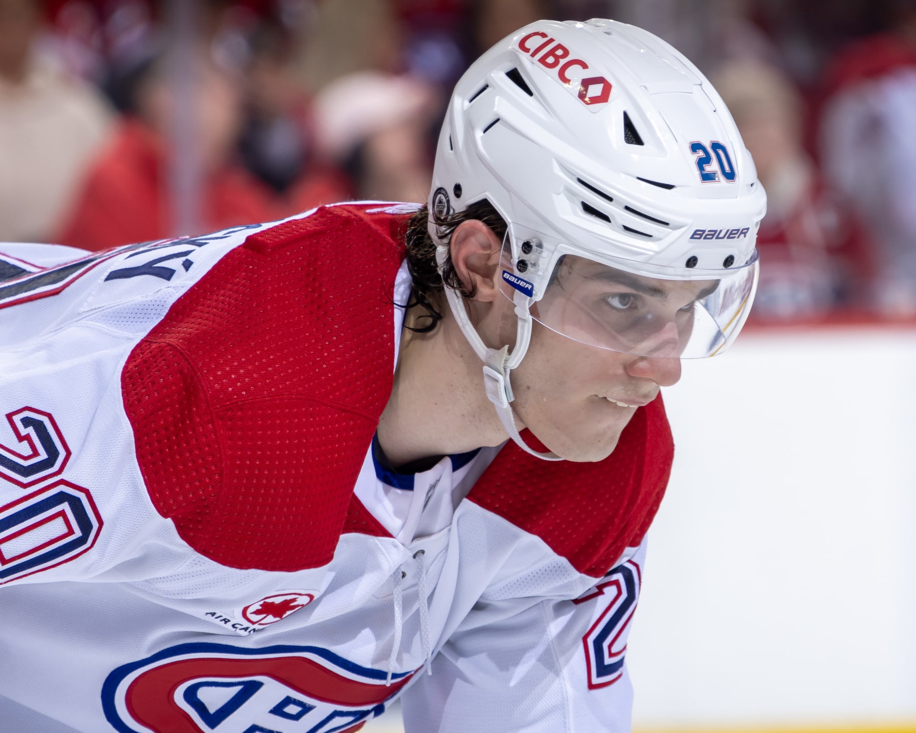 DETROIT, MI - APRIL 15: Juraj Slafkovsky #20 of the Montreal Canadiens gets set for the face-off against the Detroit Red Wings during the third period at Little Caesars Arena on April 15, 2024 in Detroit, Michigan. Detroit defeated Montreal in O.T. 5-4. (Photo by Dave Reginek/NHLI via Getty Images)