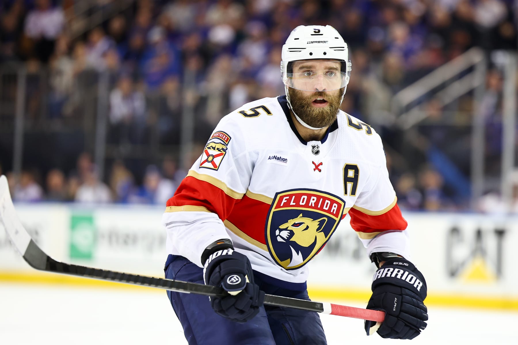 NEW YORK, NY - MAY 30:  Aaron Ekblad #5 of the Florida Panthers skates during the first period of the Eastern Conference Final game 5 against the New York Rangers on May 30, 2024 at Madison Square Garden in New York.  (Photo by Rich Graessle/Icon Sportswire via Getty Images)