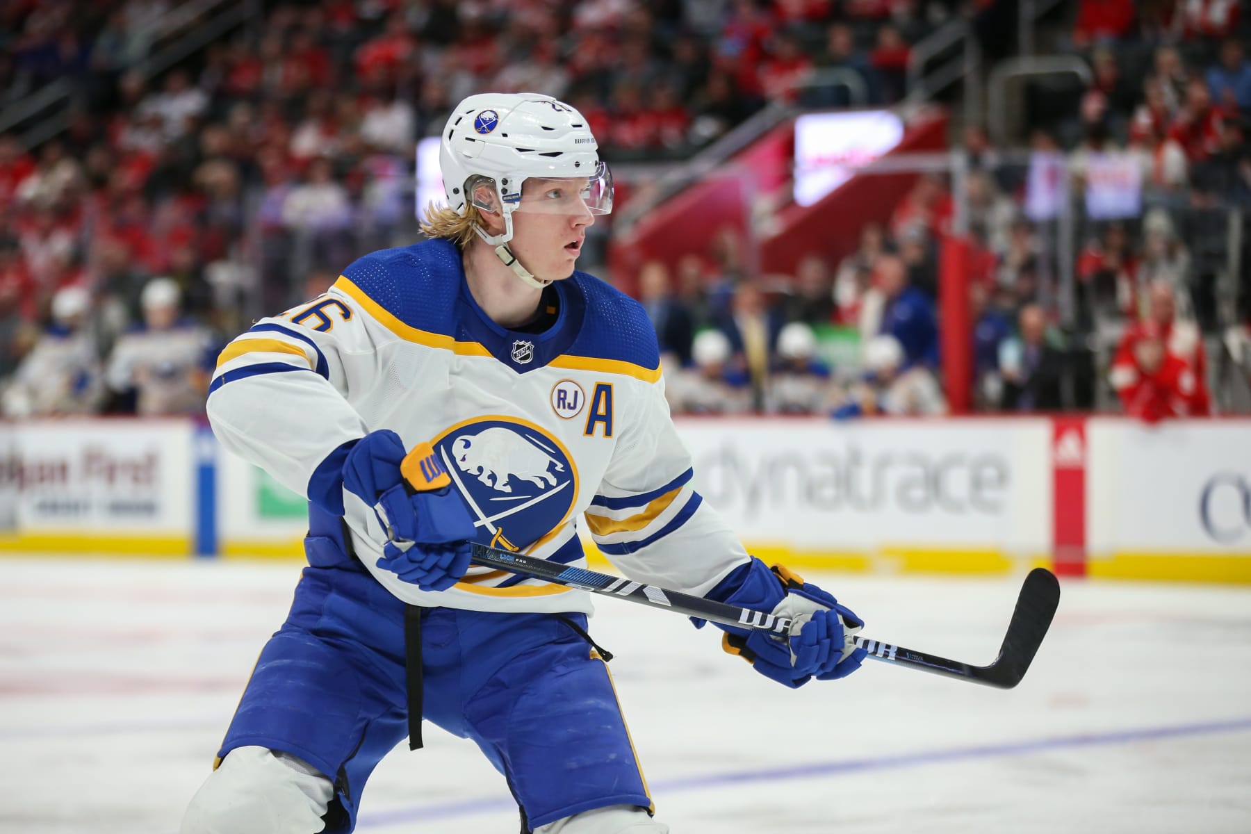 DETROIT, MI - APRIL 07:  Buffalo Sabres defenseman Rasmus Dahlin (26) skates during an NHL regular season hockey game between the Buffalo Sabres and the Detroit Red Wings on April 7, 2024 at Little Caesars Arena in Detroit, Michigan. (Photo by Scott W. Grau/Icon Sportswire via Getty Images)