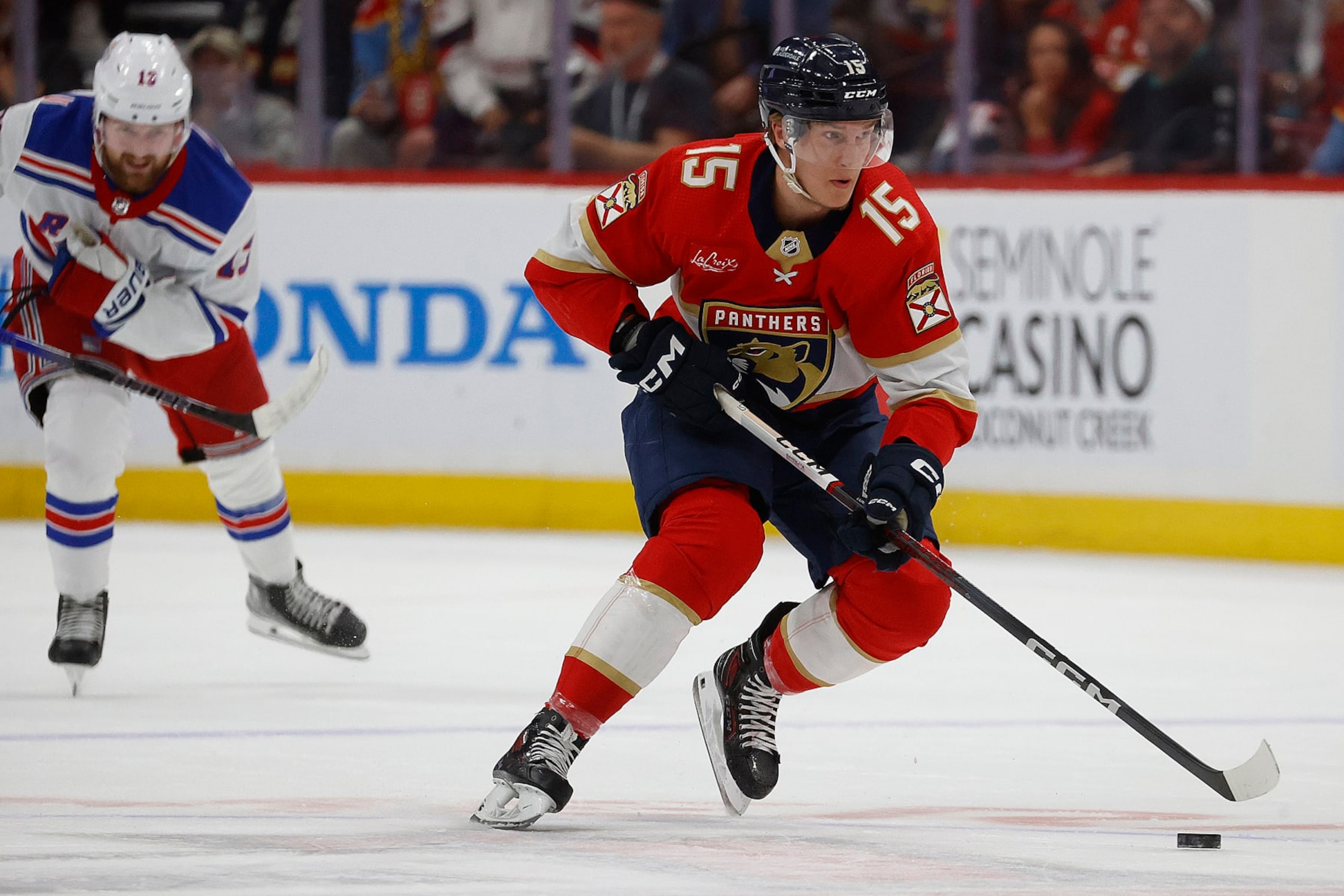SUNRISE, FLORIDA - JUNE 1: Anton Lundell #15 of the Florida Panthers skates with the puck against the New York Rangers in Game Six of the Eastern Conference Final at the Amerant Bank Arena on June 1, 2024 in Sunrise, Florida. (Photo by Eliot J. Schechter/NHLI via Getty Images) SUNRISE, FLORIDA - JUNE 1: Anton Lundell #15 of the Florida Panthers skates with the puck against the New York Rangers in Game Six of the Eastern Conference Final at the Amerant Bank Arena on June 1, 2024 in Sunrise, Florida. (Photo by Eliot J. Schechter/NHLI via Getty Images)