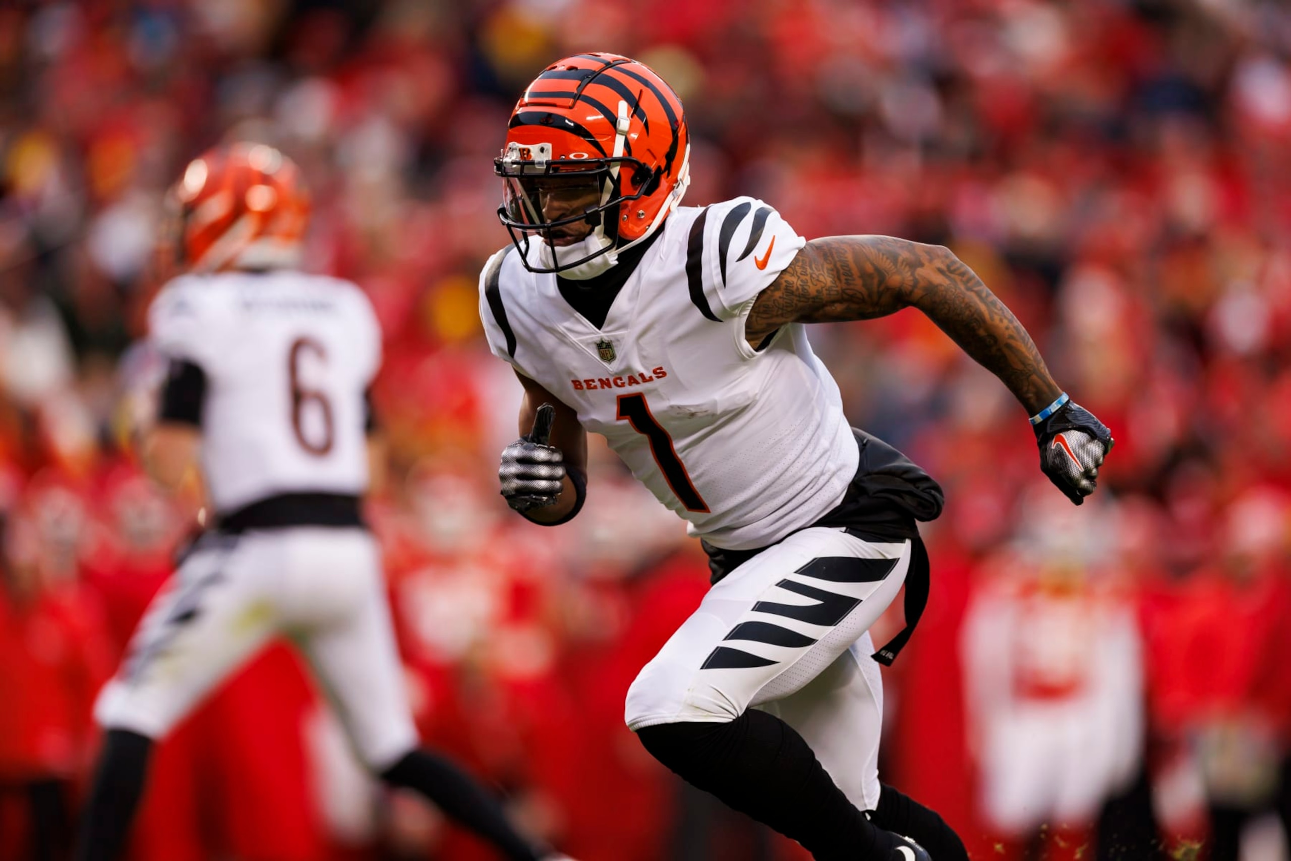 KANSAS CITY, MISSOURI - DECEMBER 31: Ja'Marr Chase #1 of the Cincinnati Bengals runs a route during an NFL football game against the Kansas City Chiefs at GEHA Field at Arrowhead Stadium on December 31, 2023 in Kansas City, Missouri. (Photo by Ryan Kang/Getty Images)