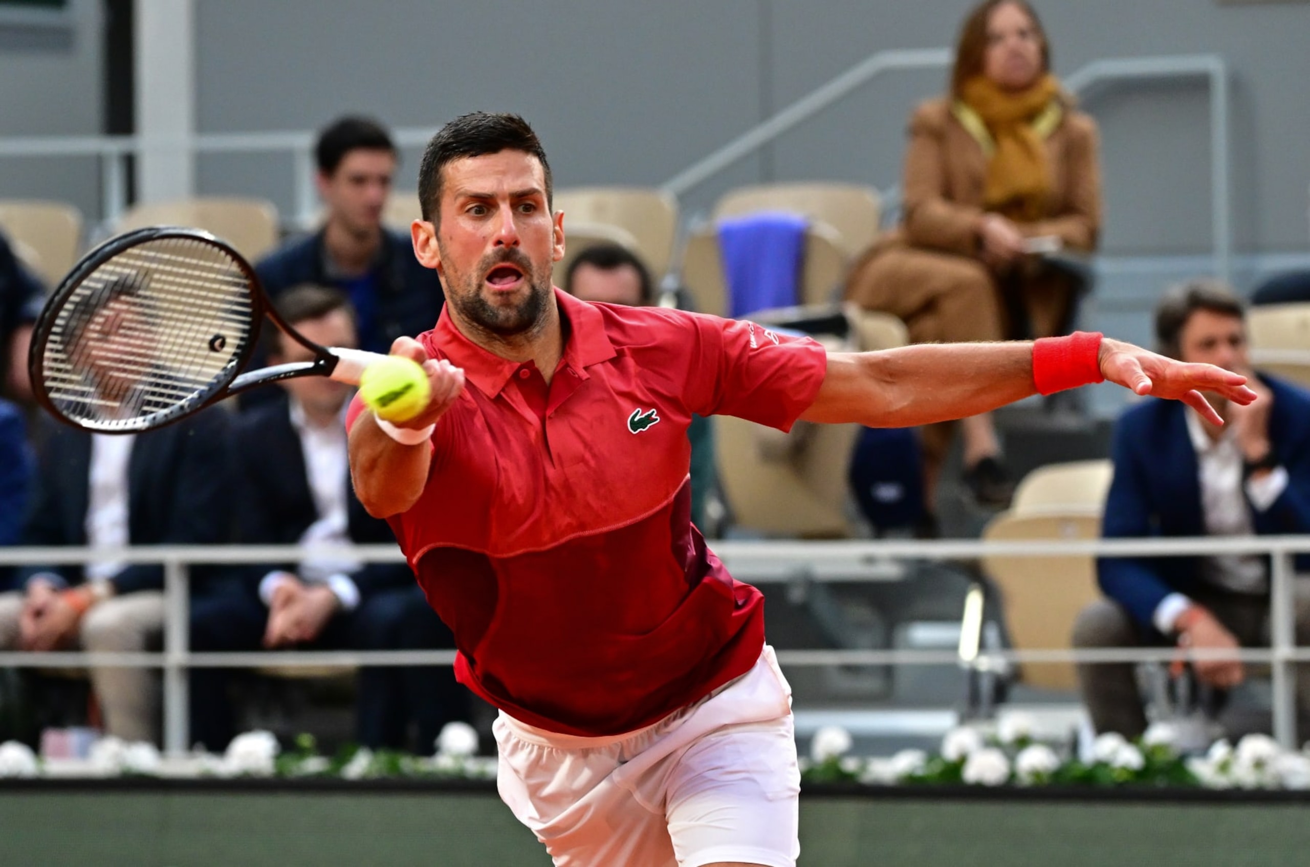 PARIS, FRANCE - JUNE 03: Novak Djokovic of Serbia in action against Francisco Cerundolo of Argentina in the Men's Singles fourth round match during Day Nine of the 2024 French Open at Roland Garros on June 03, 2024 in Paris, France. (Photo by Christian Liewig - Corbis/Getty Images)
