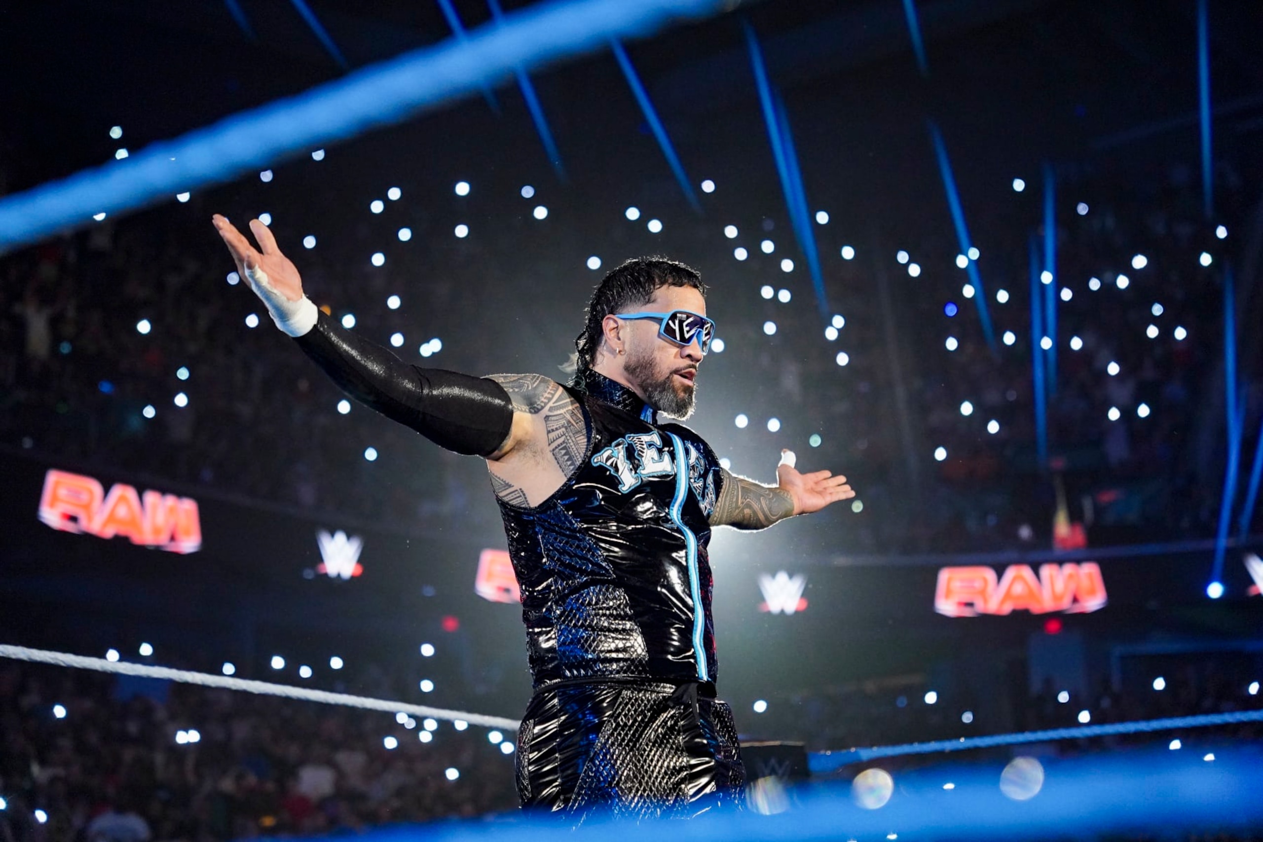 GREENSBORO, NORTH CAROLINA - MAY 20:  Jay Uso poses in ring during Monday Night RAW at Greensboro Coliseum Complex on May 20, 2024 in Greensboro, North Carolina.  (Photo by WWE/Getty Images)