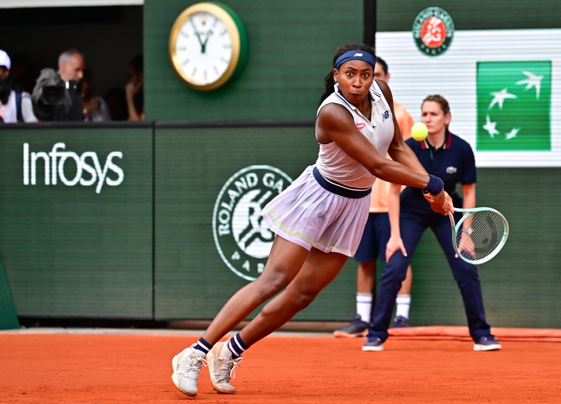 PARIS, FRANCE - JUNE 04: Coco Gauff of United States plays in action against Ons Jabeur of Tunisia in the Women's Singles Quarter Final match during Day Ten of the 2024 French Open at Roland Garros on June 04, 2024 in Paris, France. (Photo by Christian Liewig - Corbis/Getty Images)