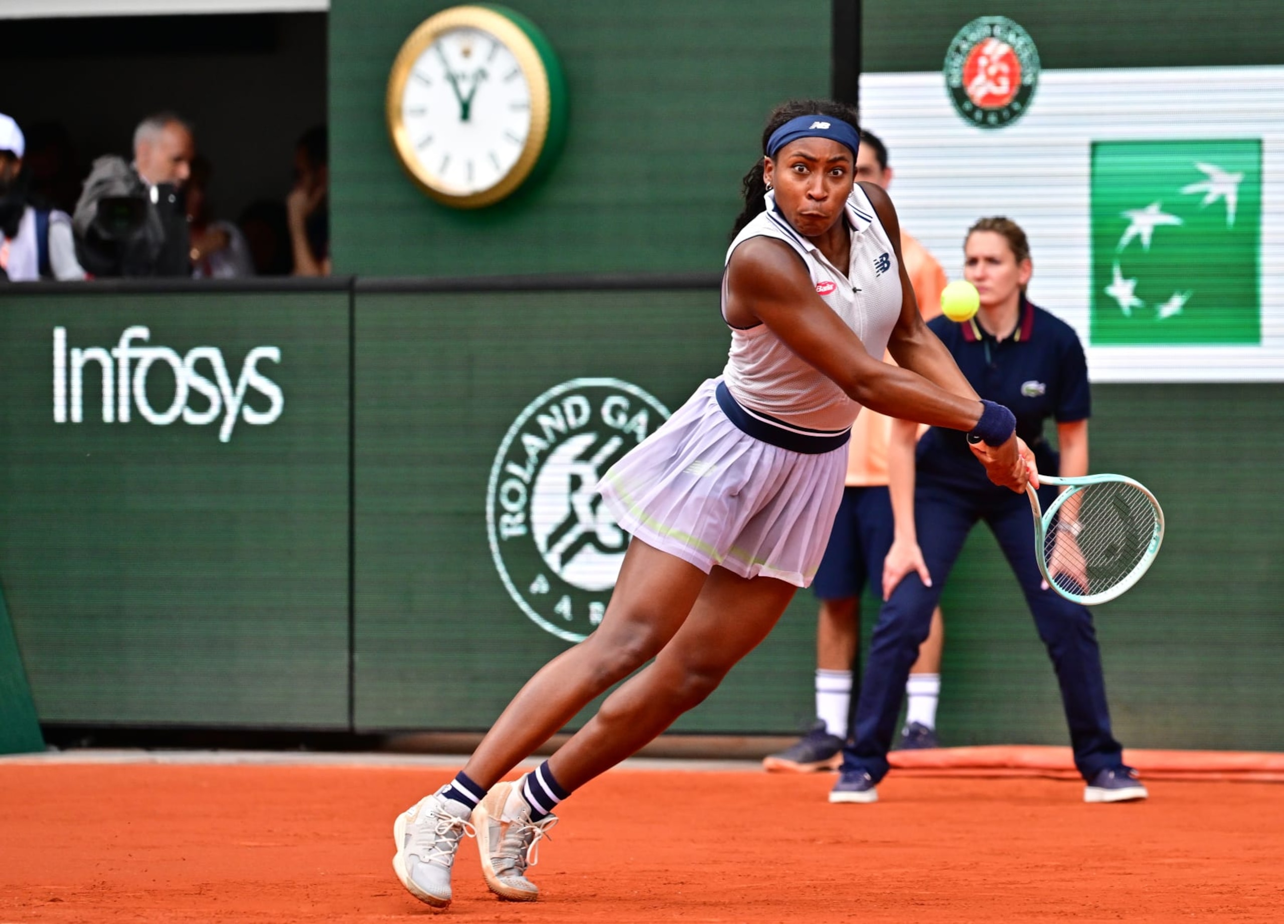 PARIS, FRANCE - JUNE 04: Coco Gauff of United States plays in action against Ons Jabeur of Tunisia in the Women's Singles Quarter Final match during Day Ten of the 2024 French Open at Roland Garros on June 04, 2024 in Paris, France. (Photo by Christian Liewig - Corbis/Getty Images)