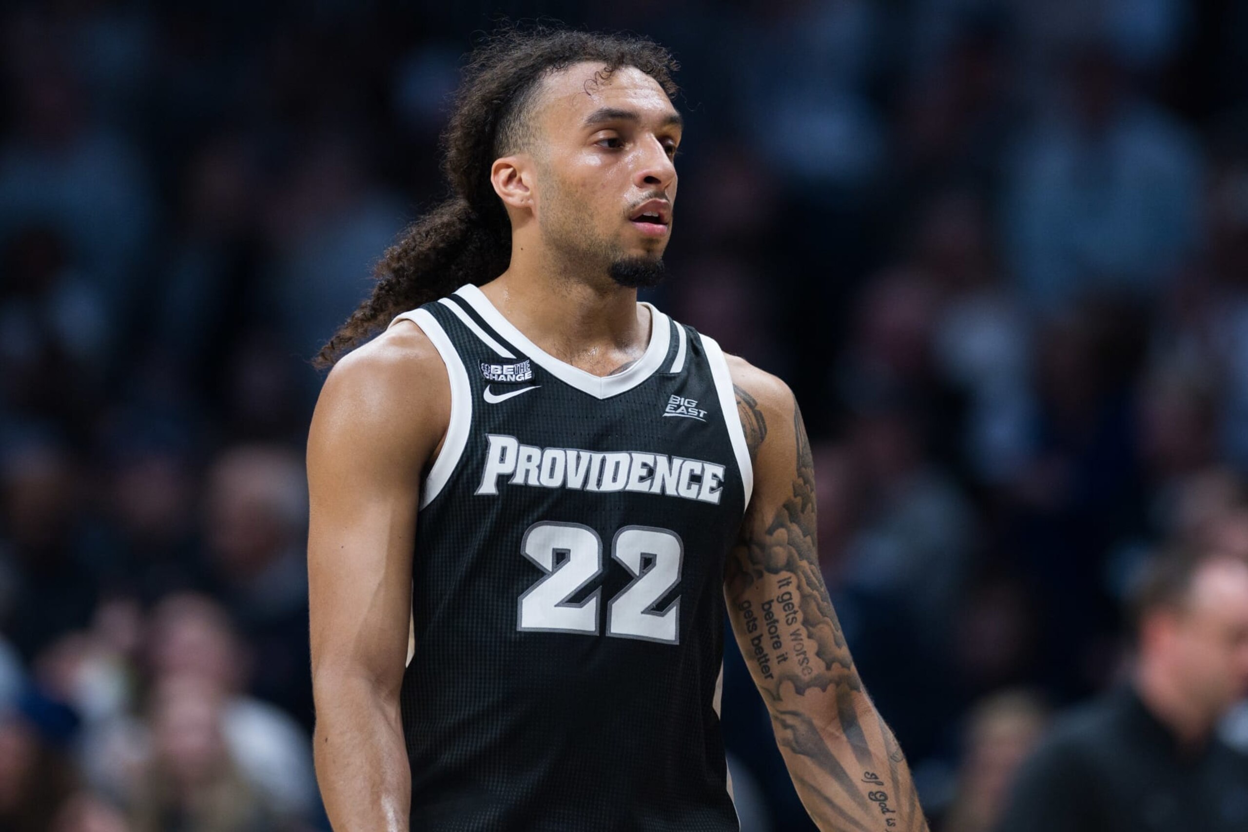 INDIANAPOLIS, IN - FEBRUARY 10: Providence Friars guard Devin Carter (22) looks to the sidelines during the men's college basketball game between the Butler Bulldogs and Providence Friars on February 10, 2024, at Hinkle Fieldhouse in Indianapolis, IN. (Photo by Zach Bolinger/Icon Sportswire via Getty Images) INDIANAPOLIS, IN - FEBRUARY 10: Providence Friars guard Devin Carter (22) looks to the sidelines during the men's college basketball game between the Butler Bulldogs and Providence Friars on February 10, 2024, at Hinkle Fieldhouse in Indianapolis, IN. (Photo by Zach Bolinger/Icon Sportswire via Getty Images)
